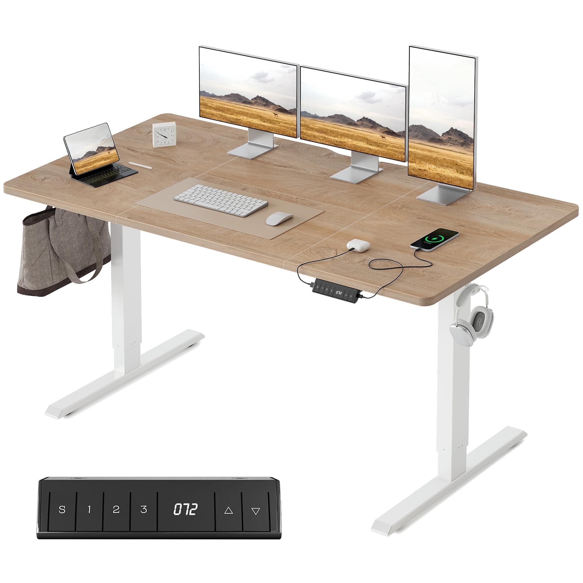 FEZIBO Bureau Électrique Réglable en Hauteur avec Ports de Charge USB-A et USB-C, 140 x 70 cm, Bureau Assis Debout, Ergonomique pour Télétravail, Planche Chêne Blanc
