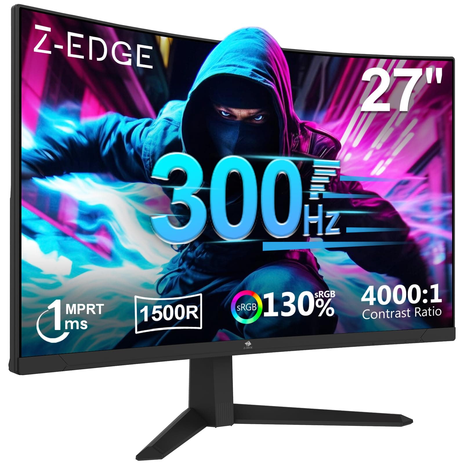 Z-Edge Monitor Gaming Curvo 27'' 300Hz (DP1.4 * 2), 1ms MPRT, FreeSync, FHD, 240Hz (HDMI2.0 * 2), Pantalla PC LED 16:9, Inclinación Ajustable, 1500R VA, 4000:1, VESA 100 * 100mm (Cable DP Incluido)