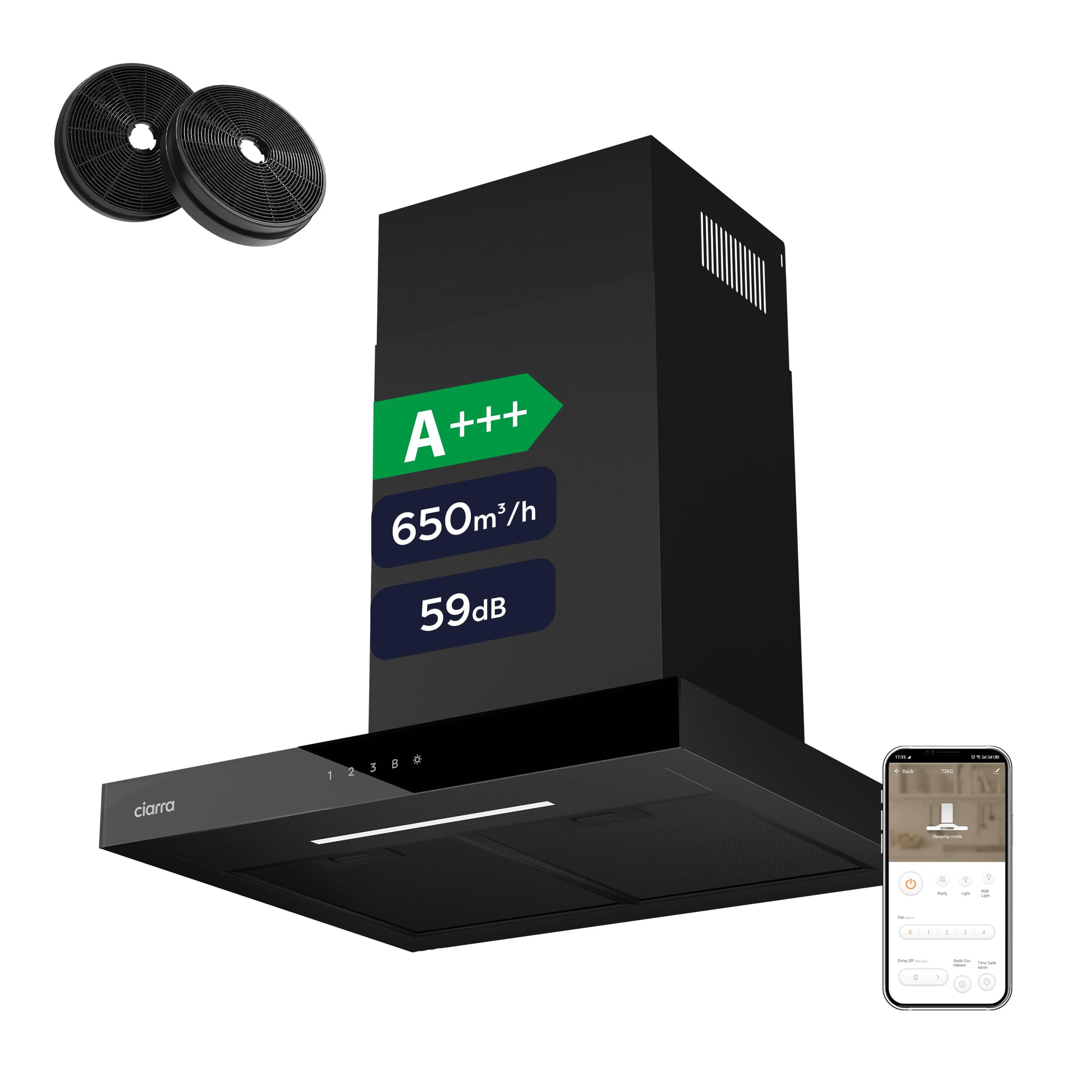 CIARRA CBCB6102 Classe A+++ Cappa Aspirante 60cm - Comandi Touch - 650m3/h - 4 Velocità e Funzione Booster - con Filtro Carbone - Display Digitale - Riciclaggio o Evacuazione - Nero