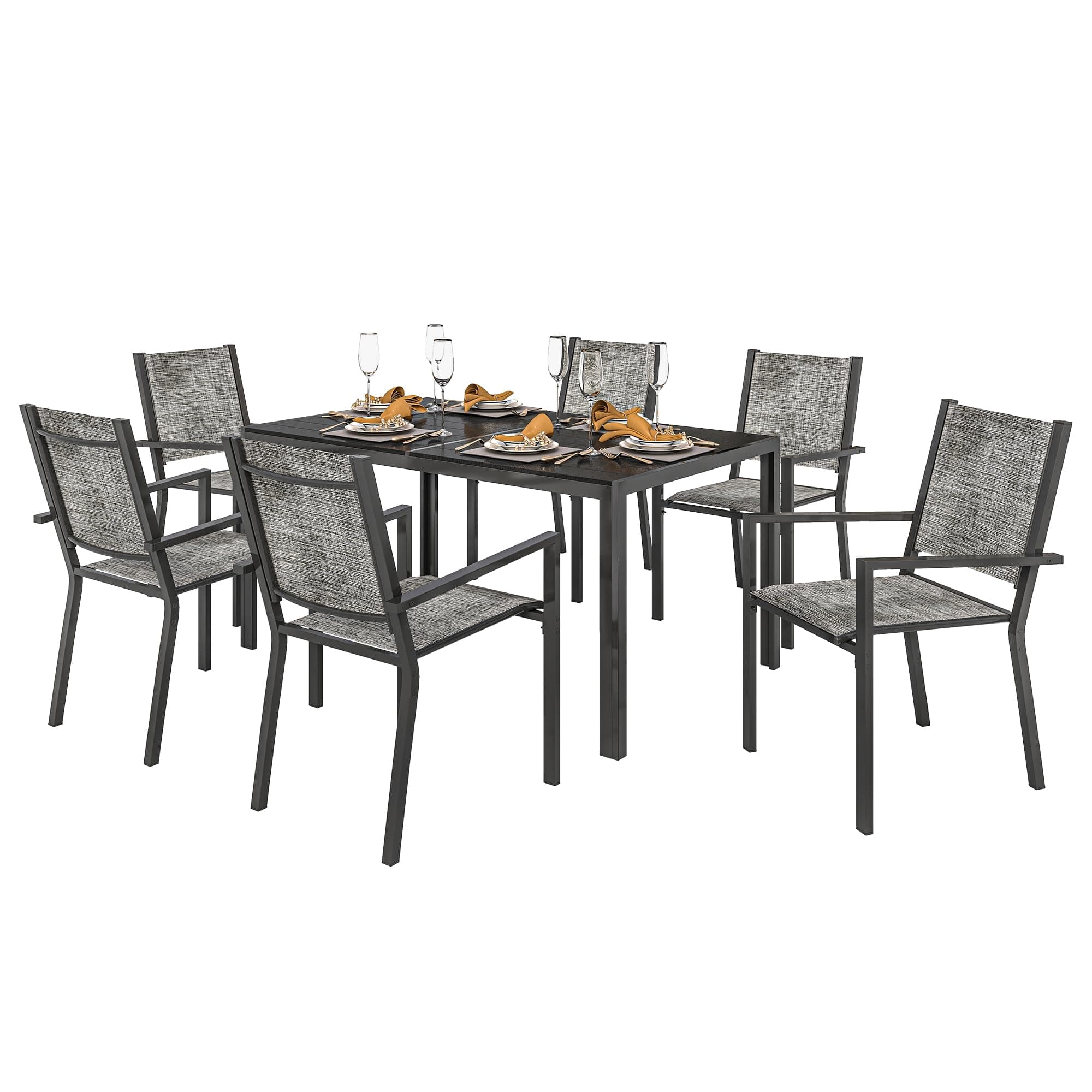 Outsunny Salon de Jardin extérieur 7 pièces, Table de Jardin extérieure avec 6 chaises empilables, Plateau à Lattes 150 cm, Structure en Acier Anti-Rouille, mobilier de Jardin, terrasse, Patio, Noir