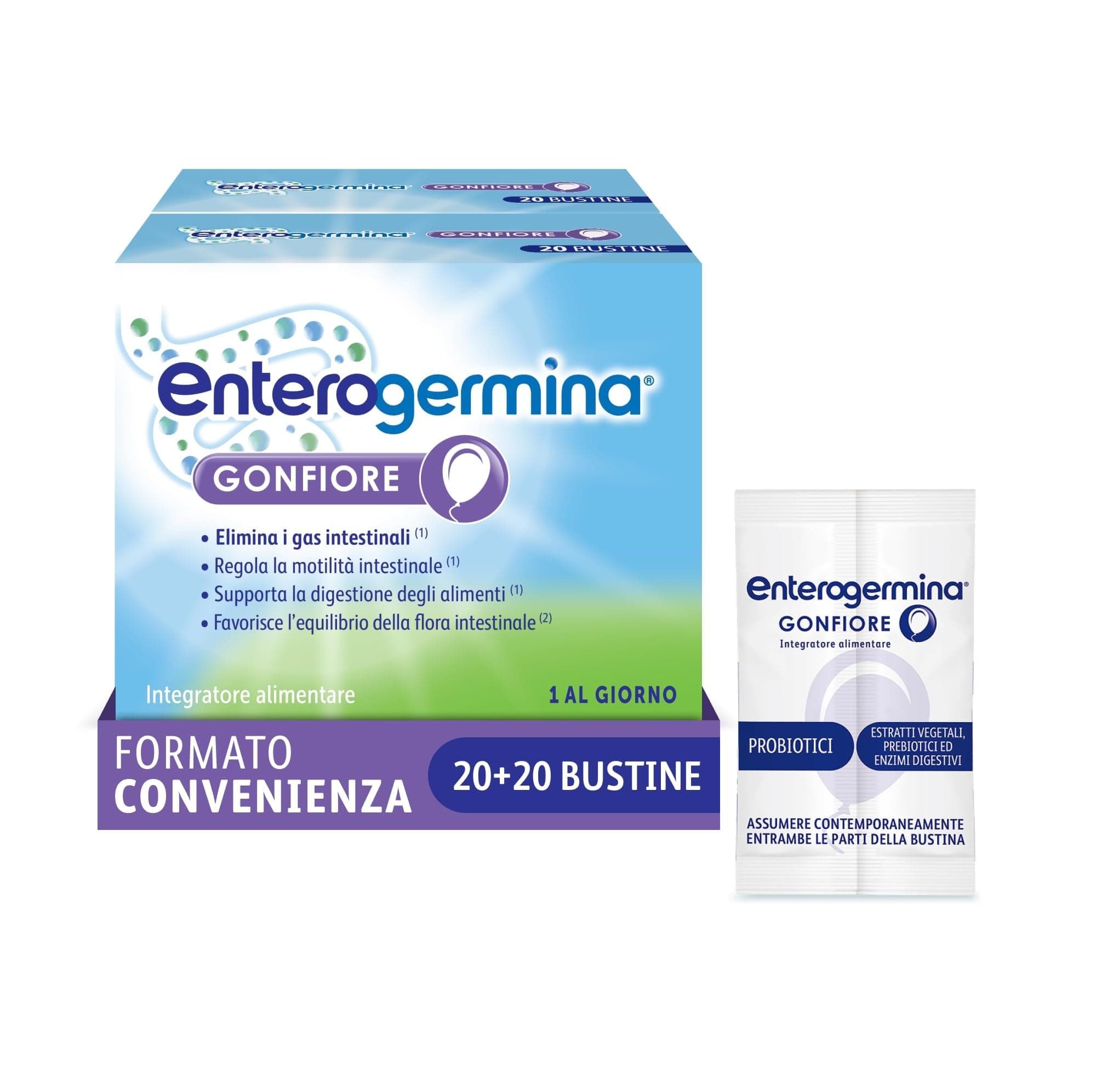 Enterogermina Gonfiore, Fermenti Lattici Probiotici, Prebiotici per Adulti - Integratori con Enzimi Digestivi ed Estratti Vegetali contro Pancia Gonfia e Gonfiore Addominale (40 Bustine )