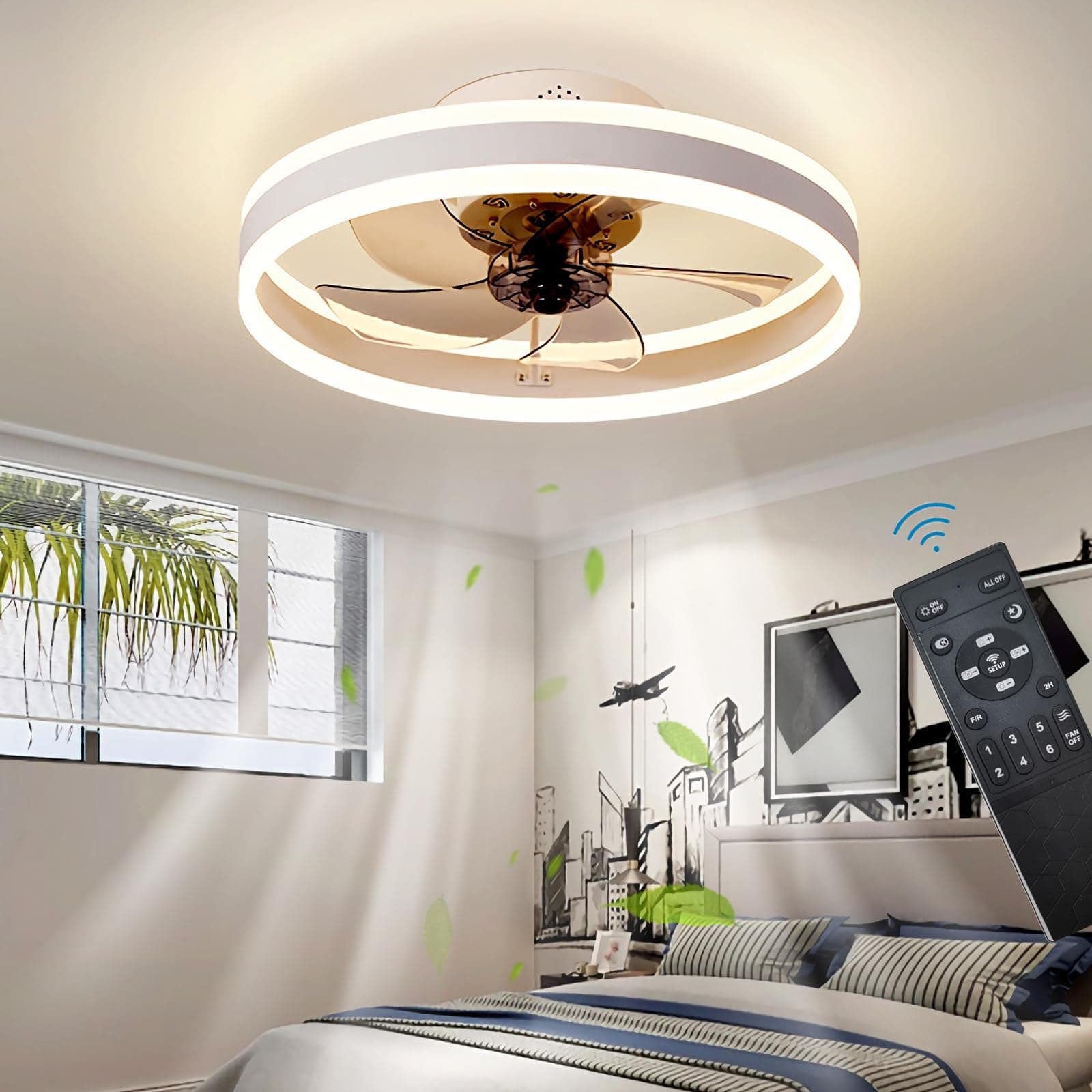 OMGPFR Reversible Plafonnier Ventilateur Silencieux Telecommande 6 Vitesses Chambre Ventilateur de Plafond avec Lumiere Moderne Salon 24W Dimmable LED Ventilateur de Plafond, Blanc 50CM