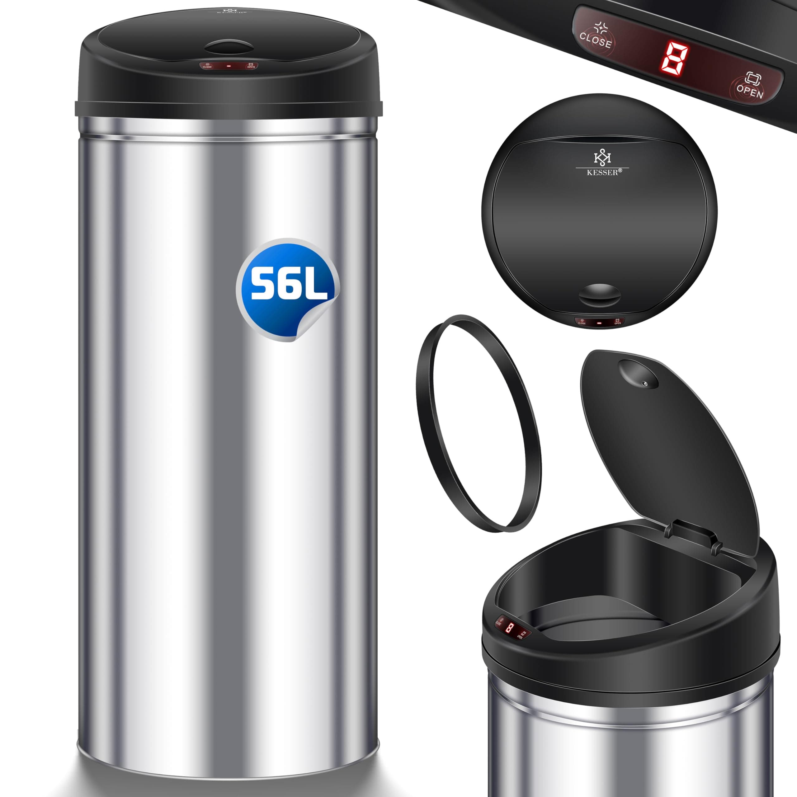 KESSER Sensor Mülleimer ✓ Automatik ✓ Abfalleimer ✓ Abfall | Edelstahl | Farbe: Silber | Größe: 56 L