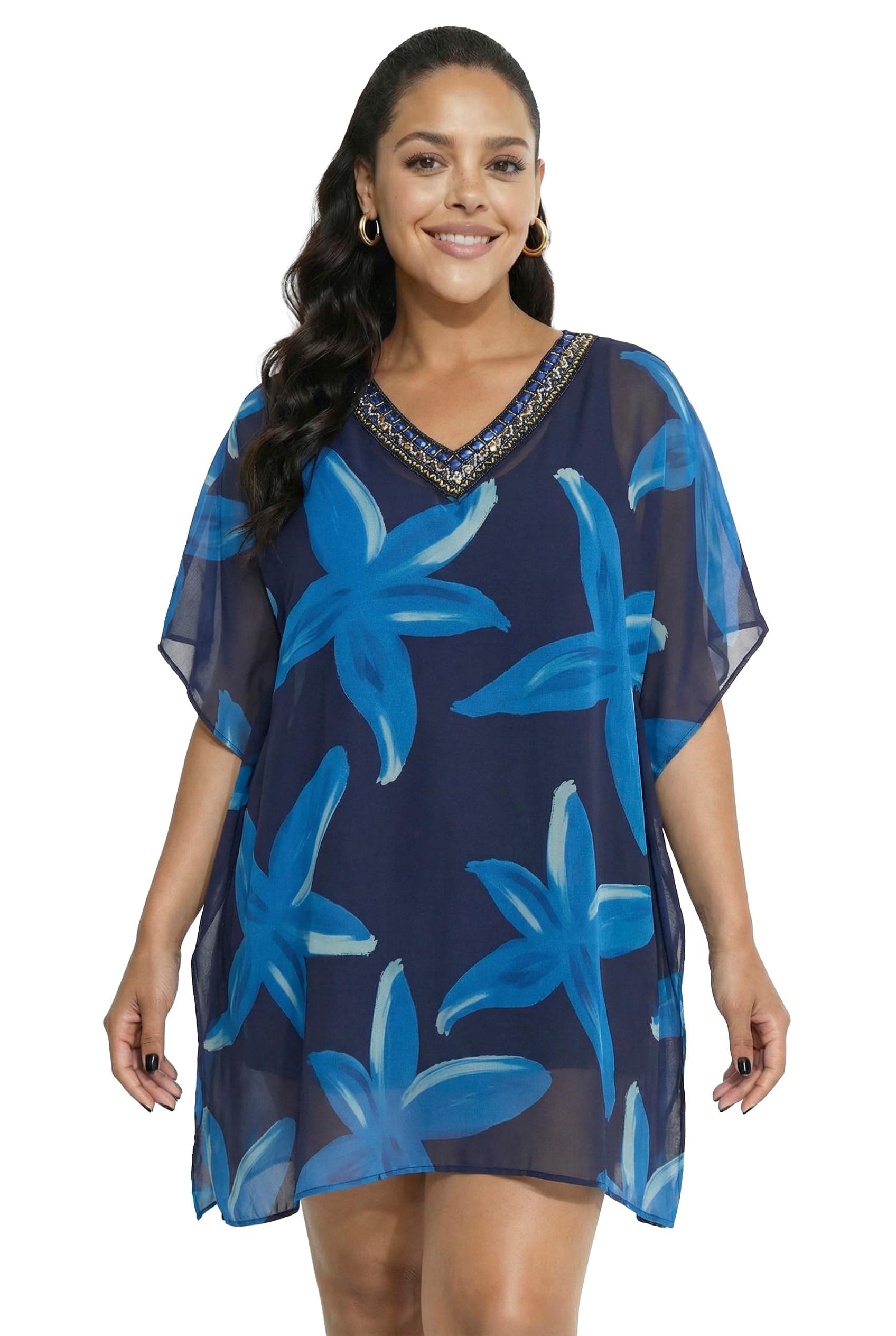 Ulla Popken Damen große Größen Übergrößen Plus Size Tunika, Blüten, verzierter V-Ausschnitt, Halbarm 846732