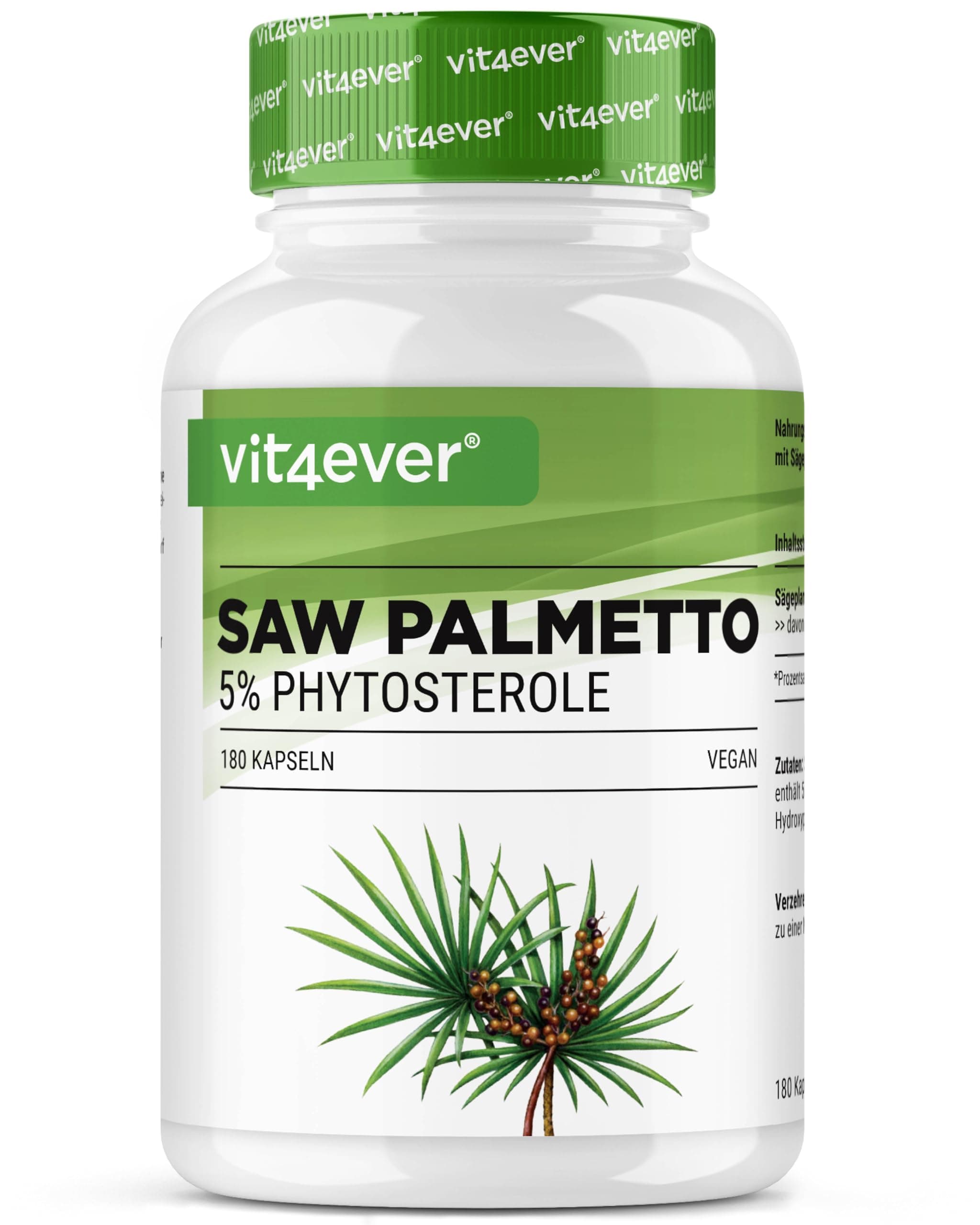 Saw Palmetto Extrakt - 180 Kapseln mit 500 mg Extrakt - Premium: 5% Phytosterole = 25 mg - Hochdosiertes Sägepalmextrakt - Ohne unerwünschte Zusätze - Vegan