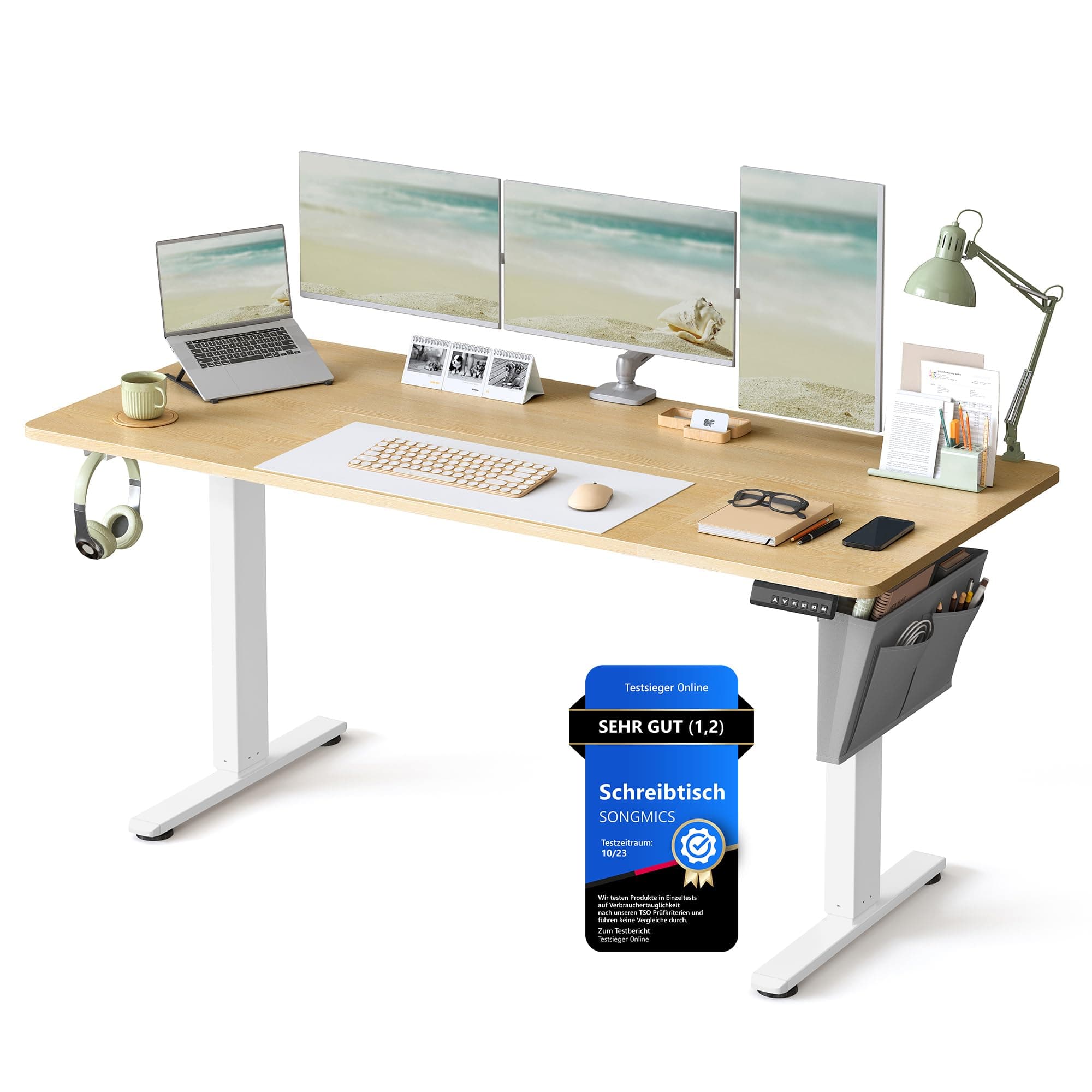 SONGMICS Höhenverstellbarer Schreibtisch elektrisch, 160 x 70 cm, stufenlos verstellbar, Memory-Funktion mit 4 Höhen, goldeichenfarben LSD136Y01