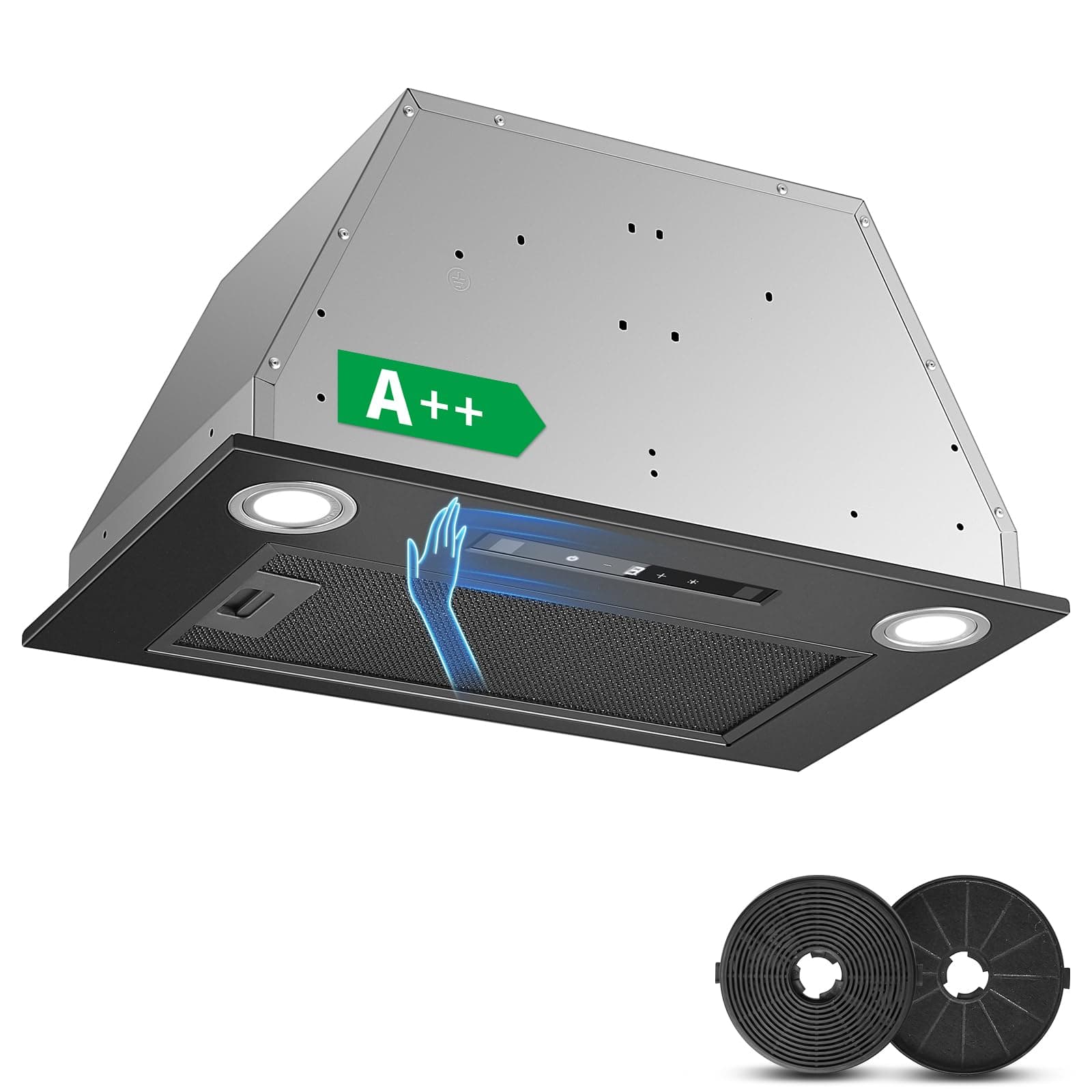 KICHPOWER Hotte Aspirante 52cm Encastrable, 400m³/h, Noir Hotte Cuisine, Gestuelle, Tactile, 3 Vitesses & Fonction Booster, Éclairage LED, Évacuation & Recyclage d'air avec filtre à charbon et conduit