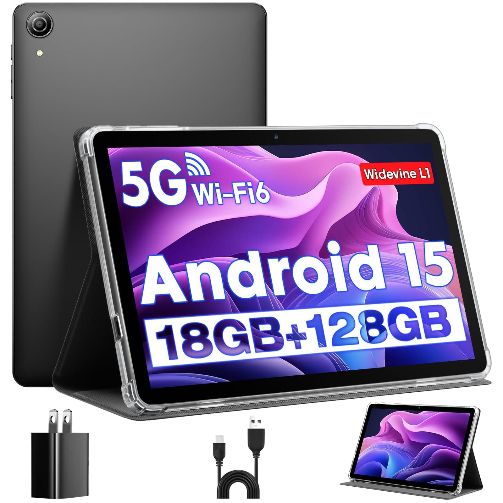 Tablet 10 Pollici, Tablet Android 15 con Custodia, Octa-Core, 18 GB RAM + 128 GB ROM + 1 TB TF, Display HD IPS 1280*800, Fotocamera Doppia 5MP + 8MP, 6000 mAh, WiFi 5G, BT 5.0, Widevine L1, Nero