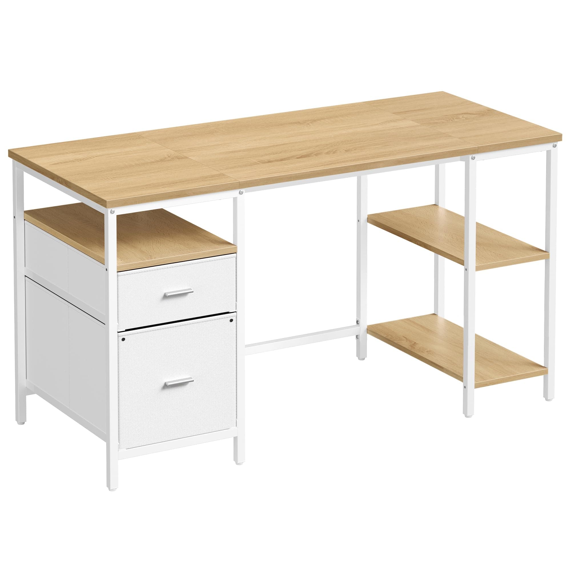 VASAGLE Computertisch, Bürotisch, Schreibtisch, mit 3 Ablagen, 2 Schubladen, 140 x 60 x 76 cm, fürs Büro, Wohnzimmer, moderner Stil, natureichenfarben-perlweiß LWD104Y01