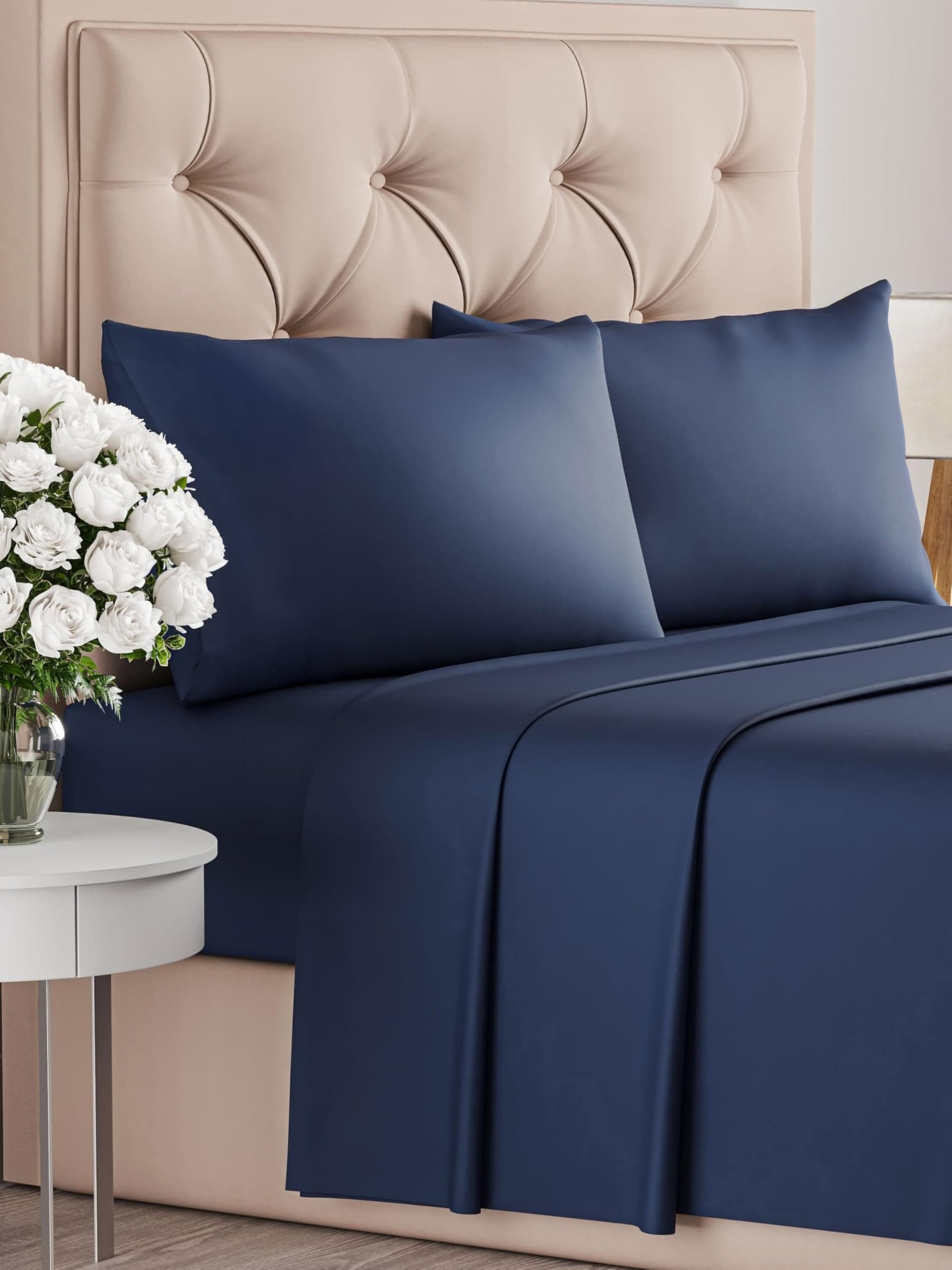 Juego de Sabanas 4 Piezas Cama 135x190 - Sábana Bajera, Sábana Encimera y 2 Fundas Almohada 50x80 - Microfibra Suave Transpirable Antiarrugas - Ropa de Cama Colchón hasta 35cm - OEKO-TEX - Azul marino