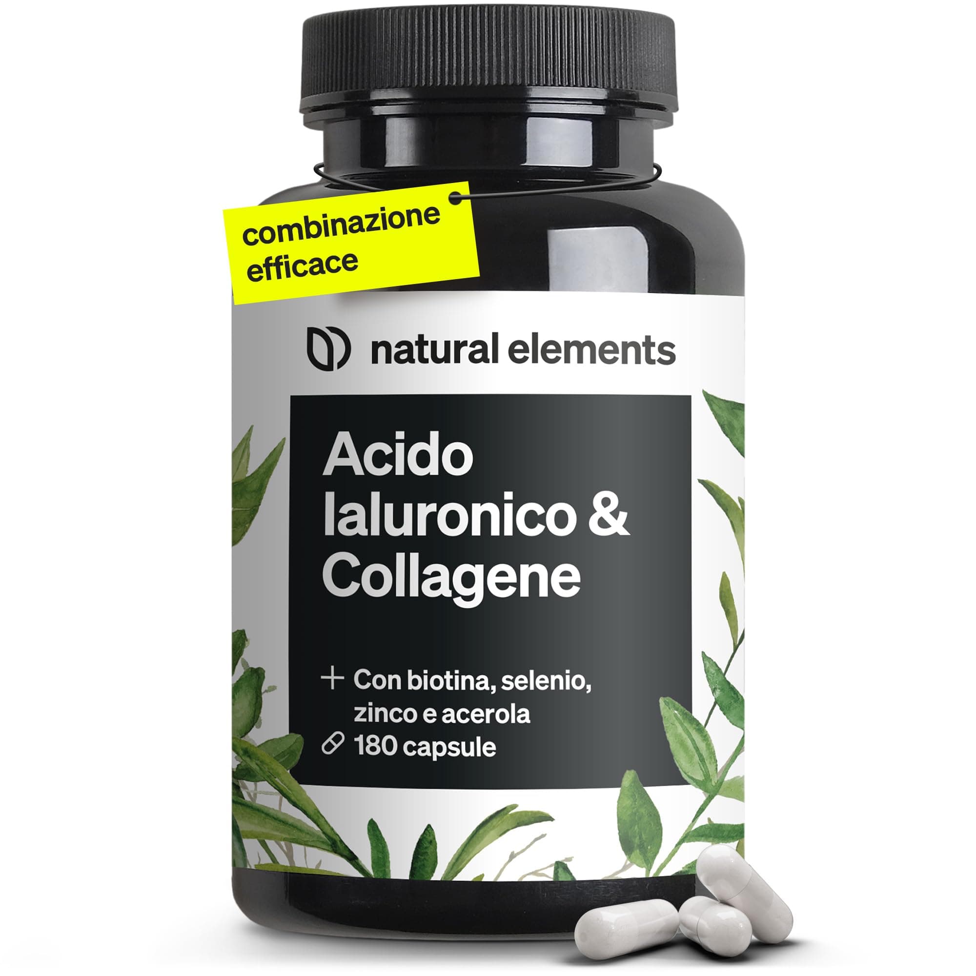 Collagene e Acido Ialuronico Integratore, 180 Capsule, + Vitamina C e Biotina, 1000mg Collagene Idrolizzato + 200mg Acido Ialuronico, Testato in Laboratorio, per Pelle, Capelli e Unghie