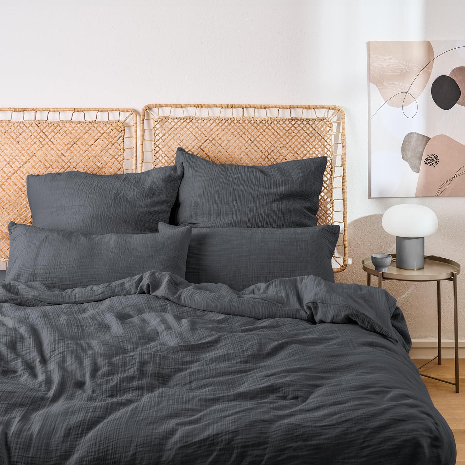 Blumtal Musselin Bettwäsche 135x200 cm + 80x80 cm - Oeko-TEX zert. Bettwäsche Musselin aus 100% Baumwolle - extra weiches Bettwäsche-Set waschbar bei 40 °C - Sommerbettwäsche Anthrazit