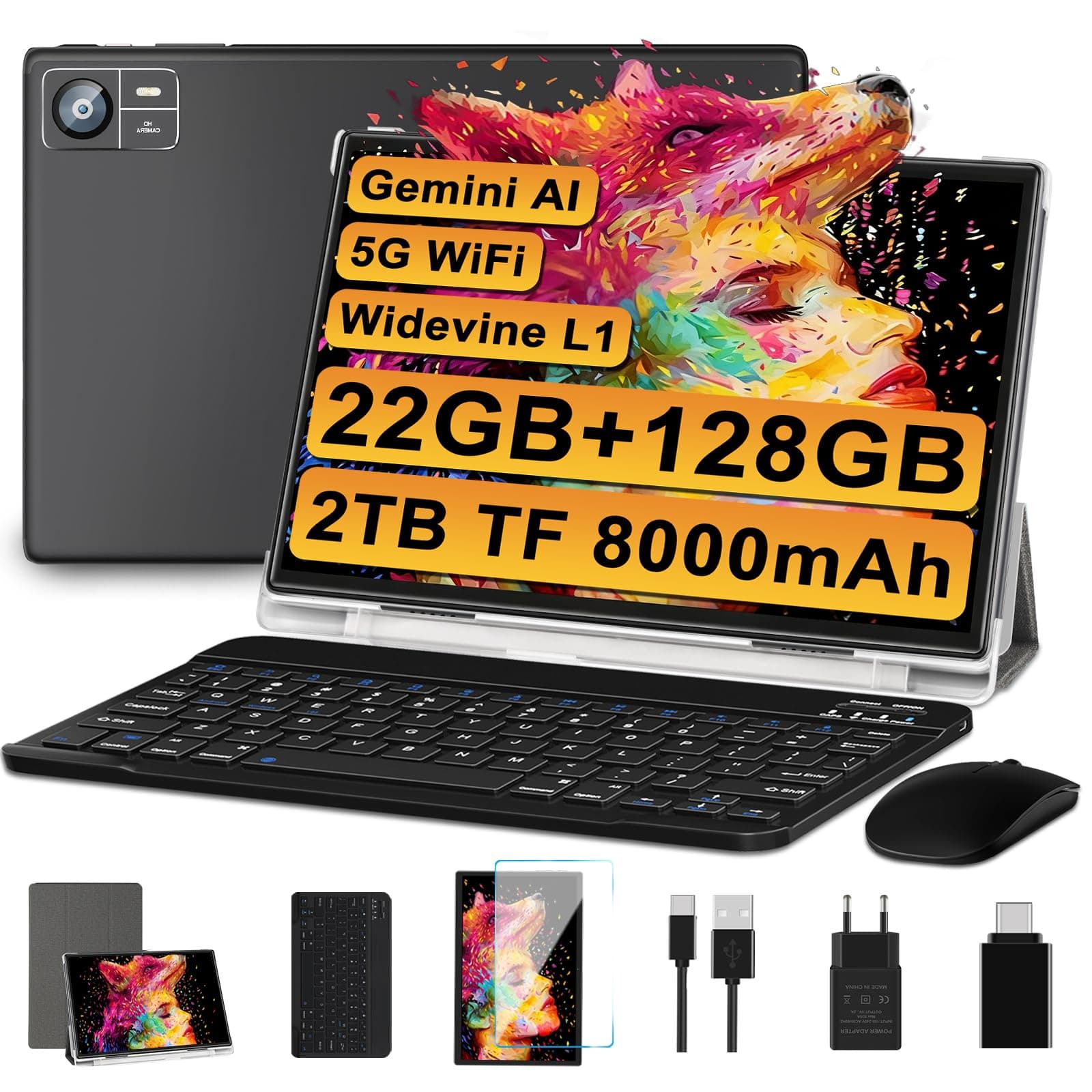 2026 Tablette 10 Pouces Android Octa Core avec 22Go RAM + 128Go ROM (2To TF) | 5G + 2.4G WiFi | FHD | GMS | Bluetooth 5.0 | 8MP + 5MP | Type C, Tablette Tactile avec étui, Clavier et Souris -Noir