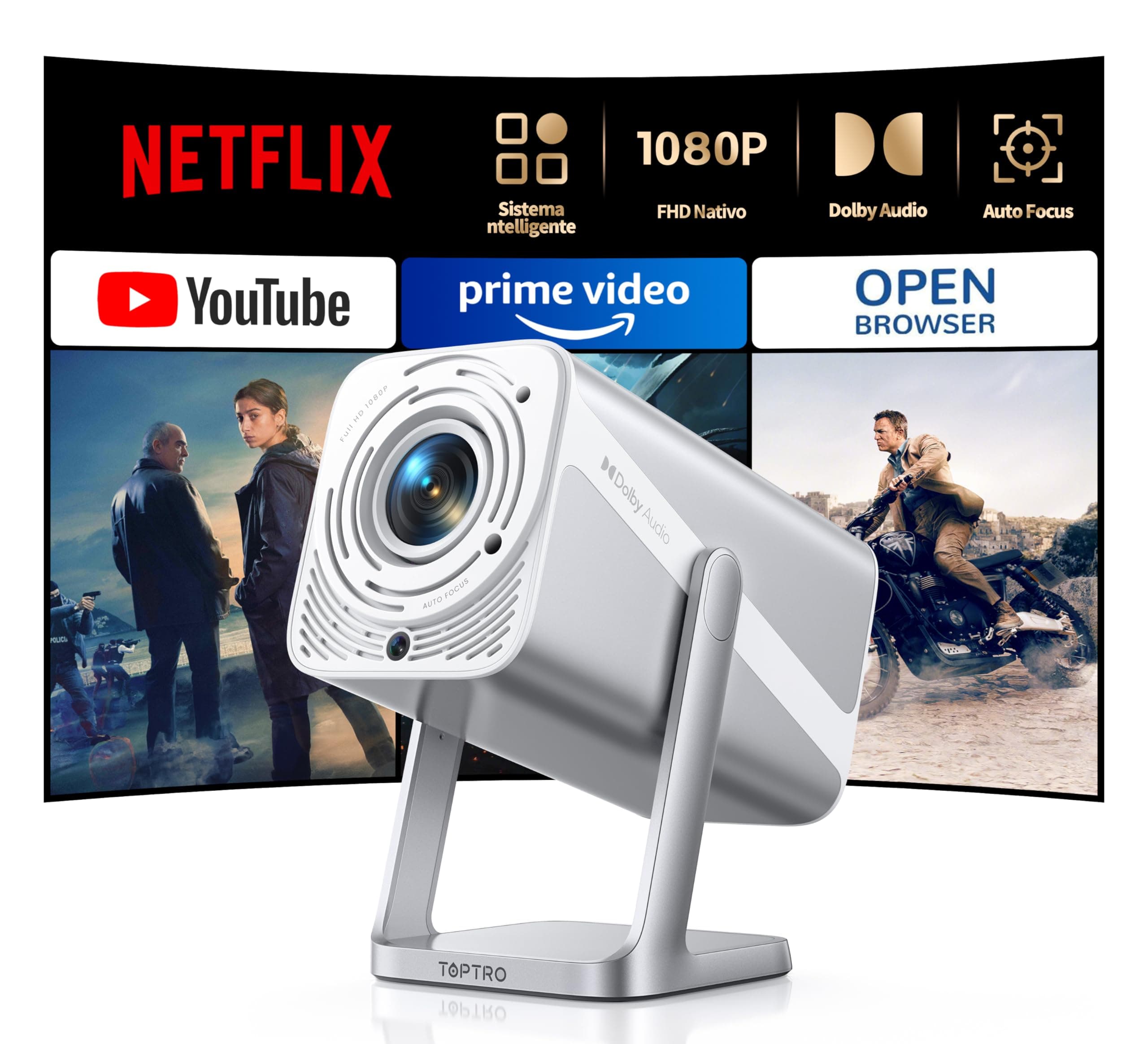 Proiettore 4K【Compatibile con Netflix & Dolby】Proiettore Portatile 700ANSI Messa Fuoco Auto Keystone con Bluetooth Bidirezionale Mini Proiettores Girevole 360° per Home Theater/Esterno Videoproiettore