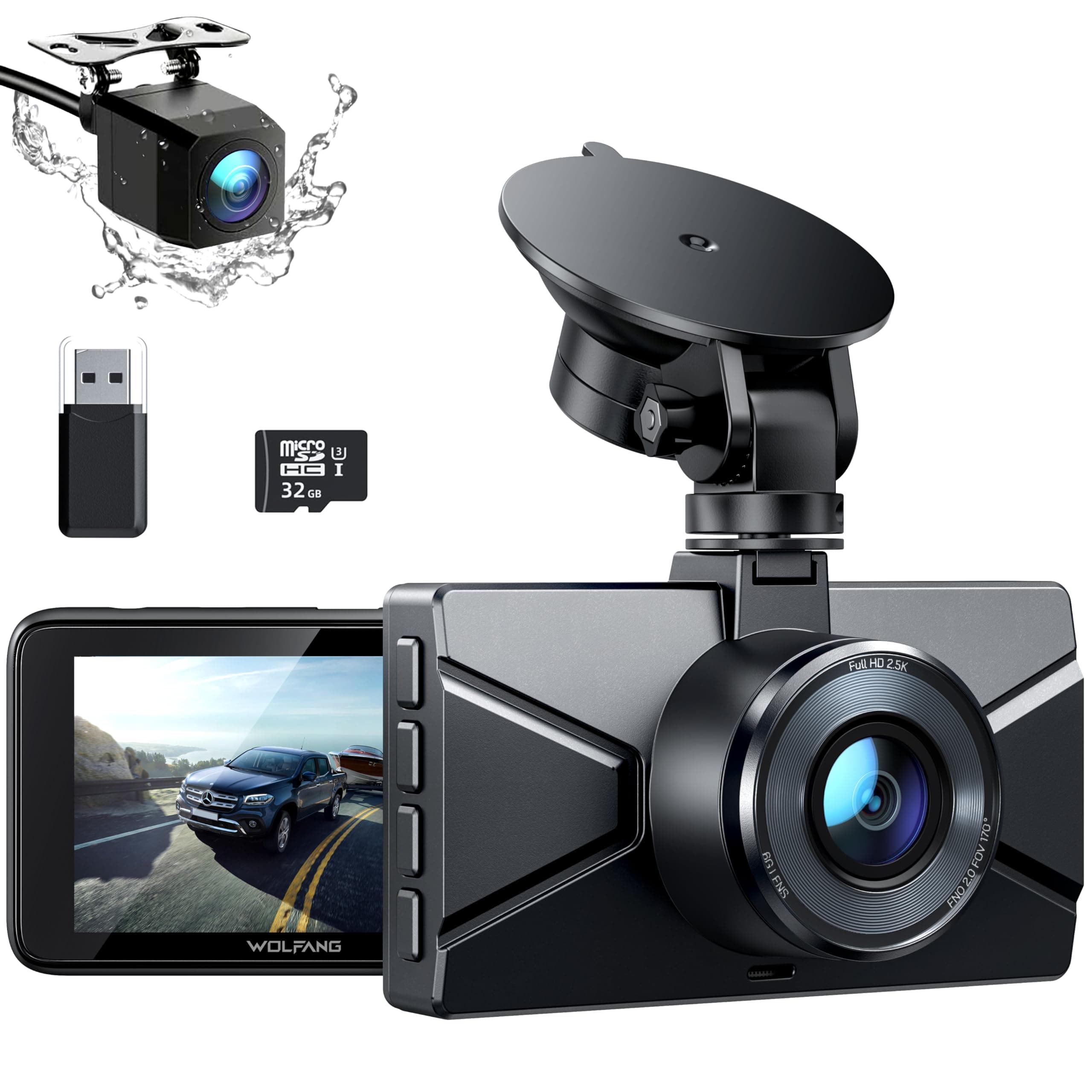 WOLFANG 2.5K Dashcam Voiture Avant Arrière, 1440P+1080P FHD Camera Embarquée Voiture, IPS 3" Camera Voiture Grand Angle de 170°+140°, G-Capteur, WDR, 24H Mode Parking, Enregistrement en Boucle