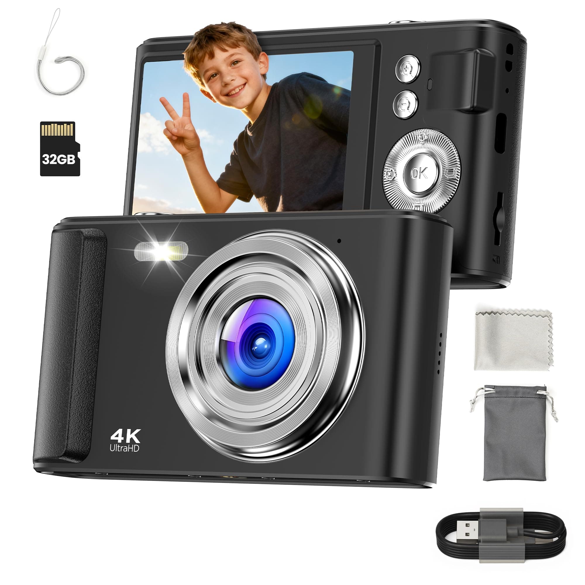 Camara de Fotos Digital 4K Compacta: 48MP Cámara Adolescentes 16X Zoom con Tarjeta 32GB - Camara de Fotos Digital Enfoque Automático - Videocamara para Principiantes Niños - Regalo Comunion Infantil