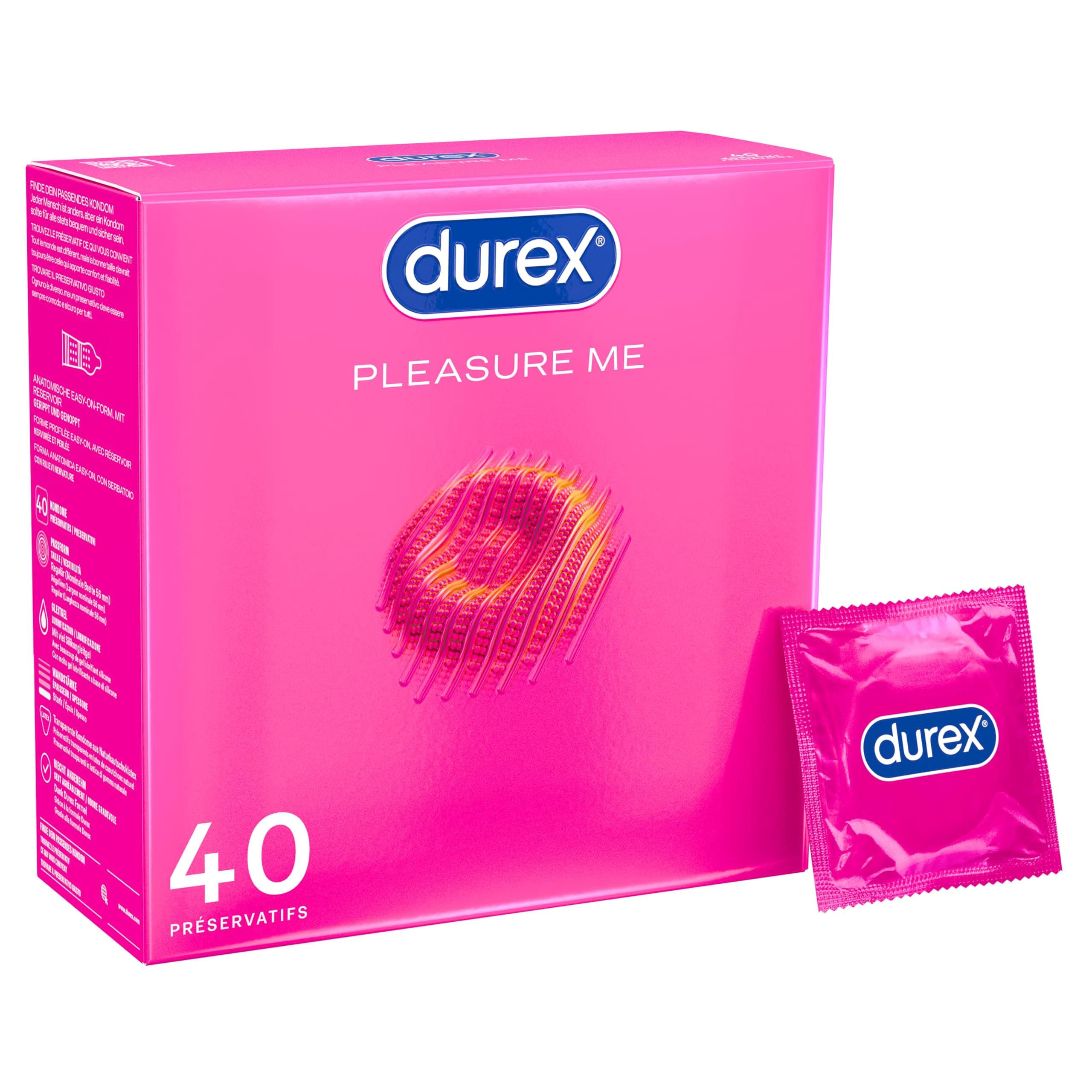 Durex Pleasure Me Kondome – Mit Noppen & Rippen, anatomischer Easy-On-Form & mit viel Silikongleitgel befeuchtet – 40 Kondome (1er Pack)