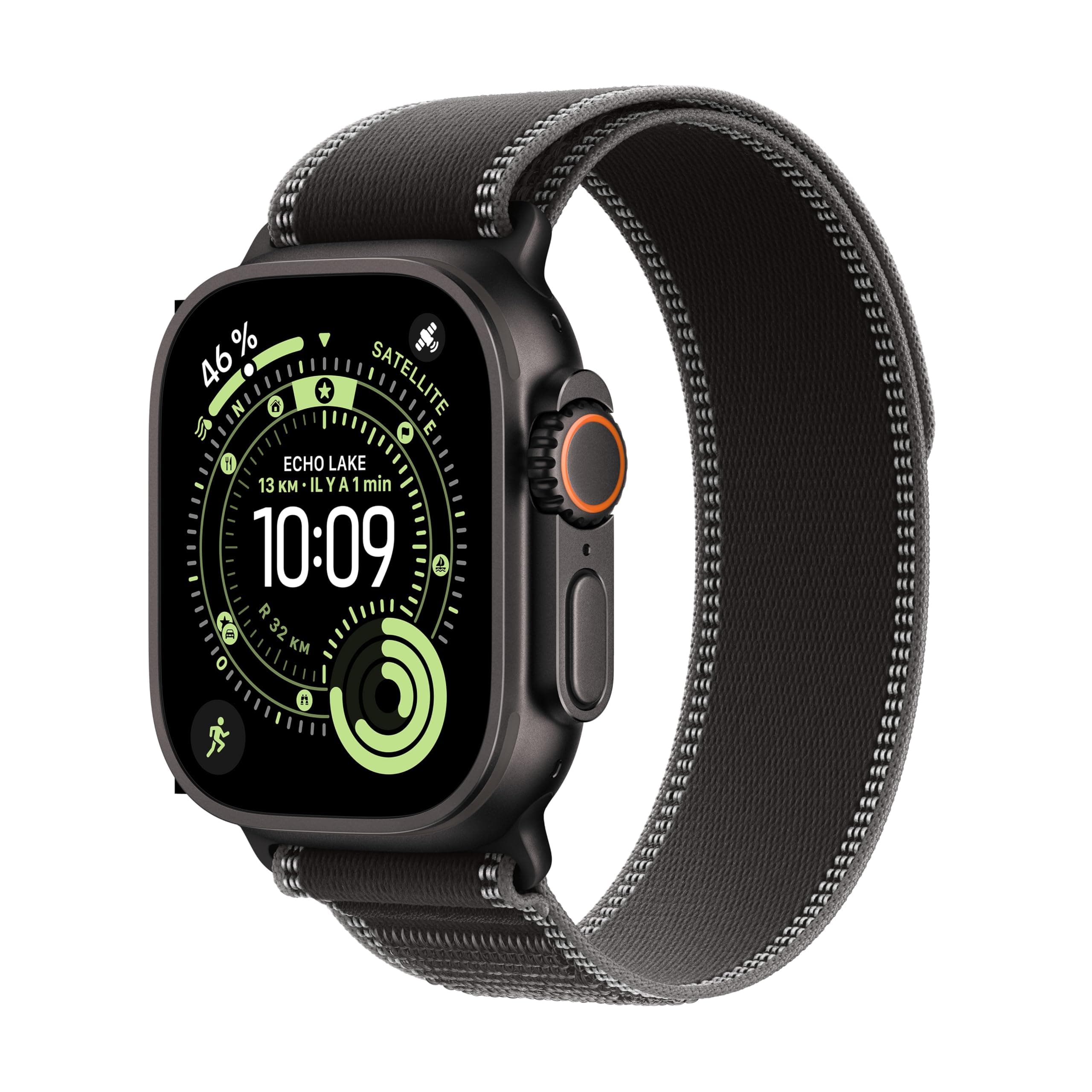 Apple Watch Ultra 3 [GPS + Cellular 49 mm] Montre connectée Course à Pied et Multisport avec boîtier Titane Noir et Boucle Trail Noir/Charbon. Communications Satellite, Suivi santé et activité