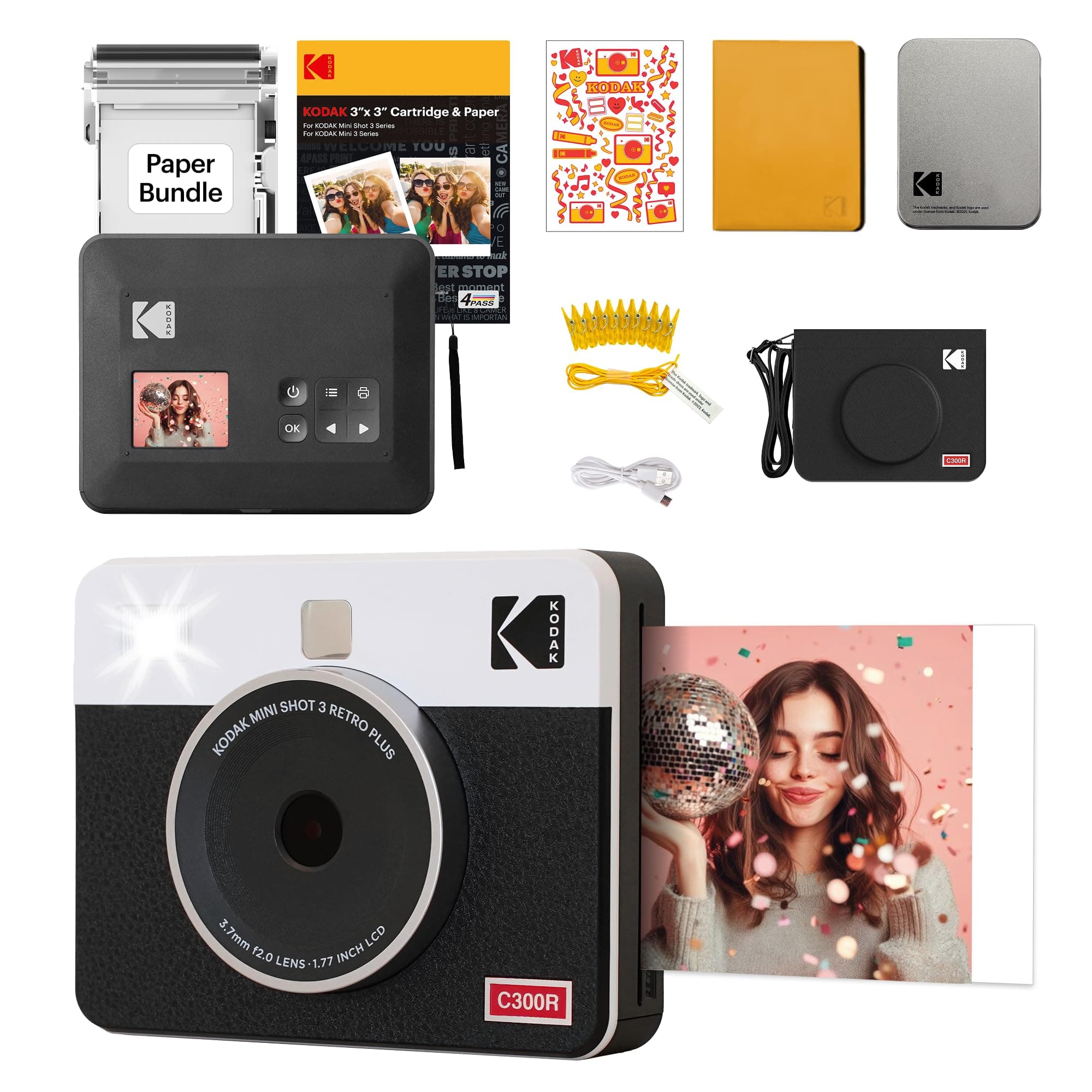KODAK Mini Shot 3 Retro 4PASS 2-in-1 Fotocamera Istantanea & Stampante Fotografica (7,6x7,6cm) + 38 Fogli Accessori Bundle, Bianco
