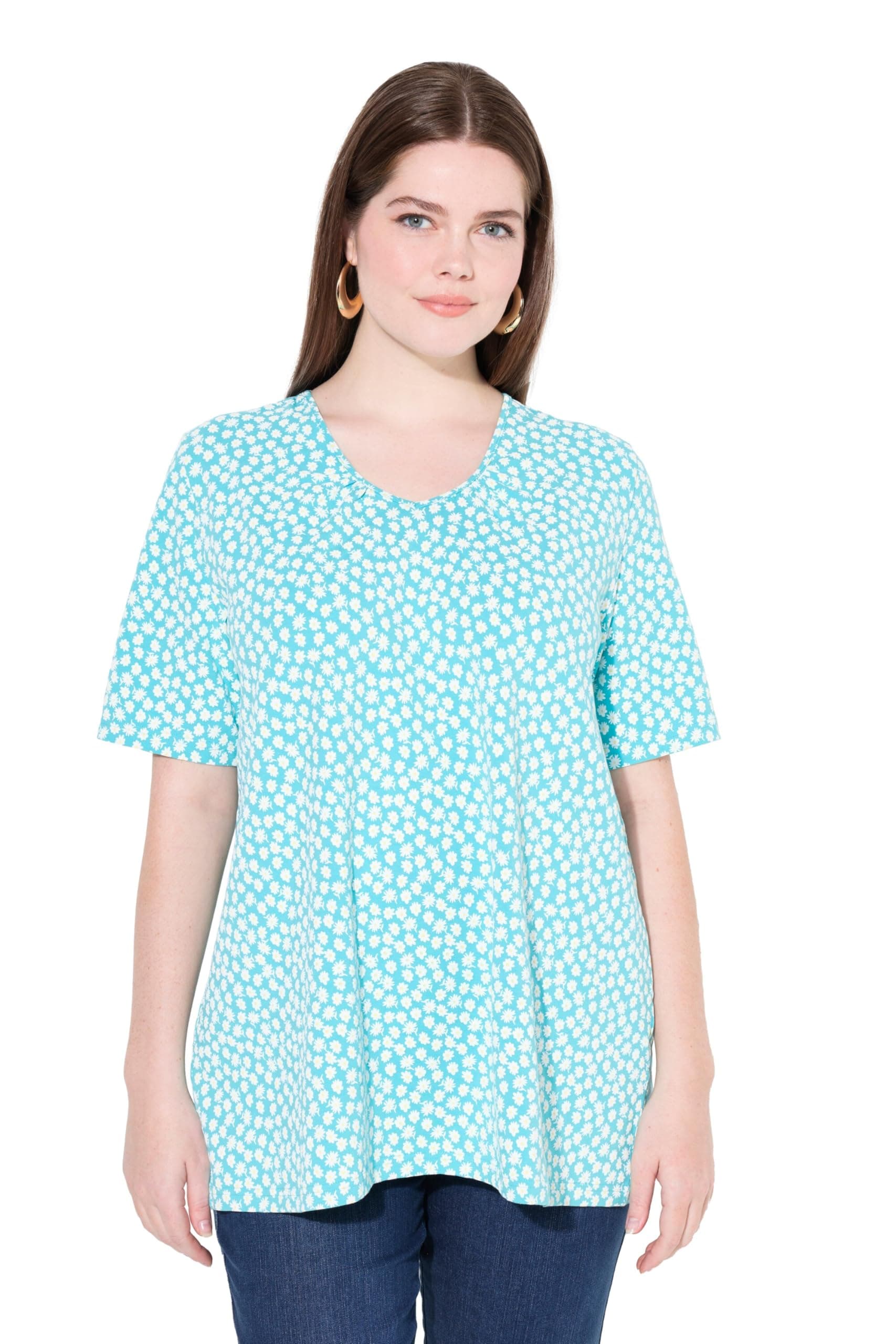 Ulla Popken Damen große Größen Übergrößen Plus Size T-Shirt, A-Linie, Zierfalten, V-Ausschnitt, Halbarm 838465