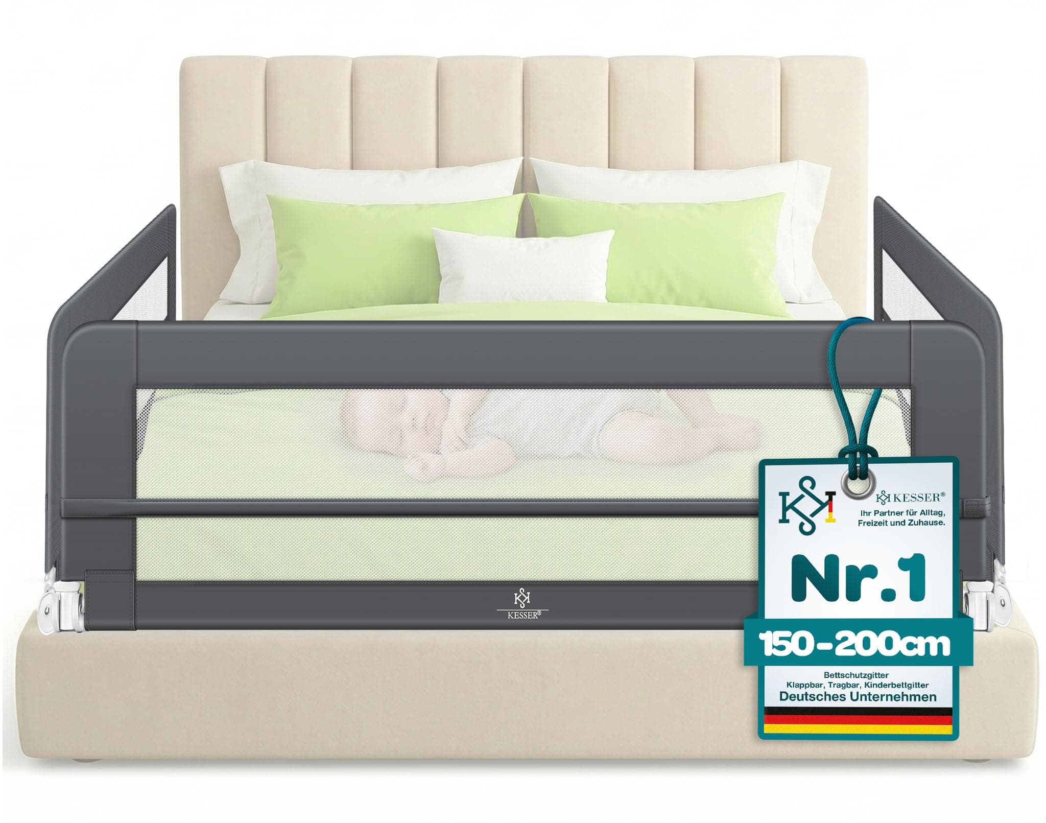 KESSER® Bettgitter 180 cm Bettschutzgitter Kinderbettgitter für Kinder Babybettgitter Klappbar, Tragbar, Kinderbett Kinderbettschutzgitter Rausfallschutz, Bett & Elternbett hoch: 42 cm, Dunkelgrau