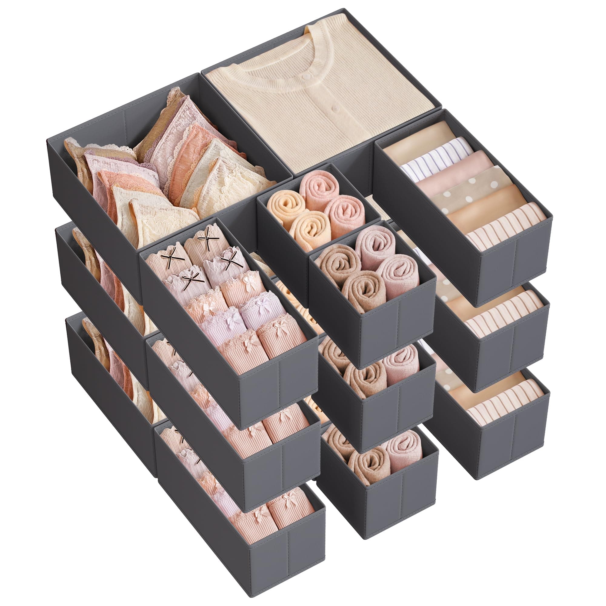 SONGMICS Aufbewahrungsbox für Schublade, 18er Set, Schubladen Organizer, Faltbox, Unterwäsche Organizer, Stoffbox für Socken, Unterwäsche, BHs, Krawatten und Schals, schiefergrau RDZ006G04