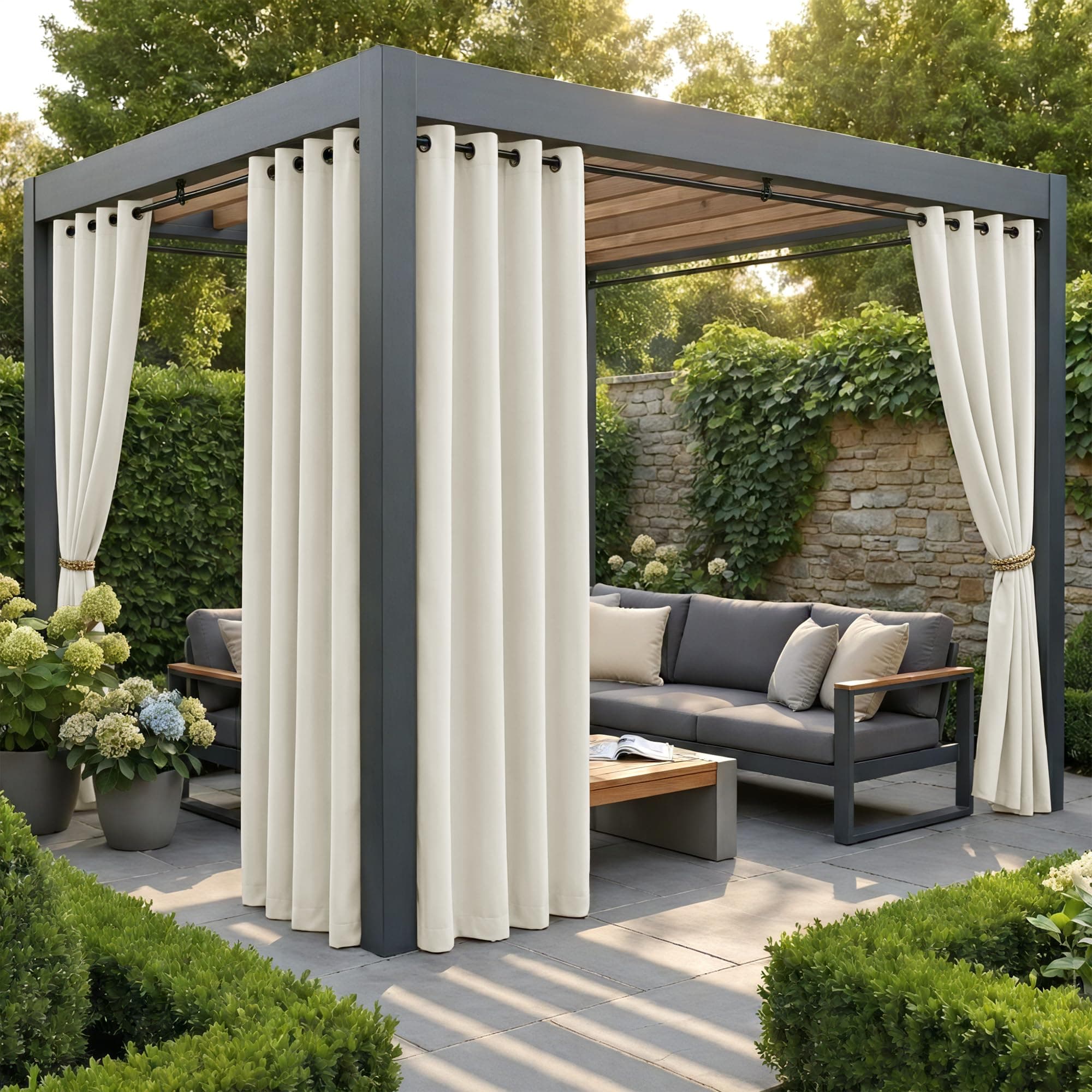 PONY DANCE Outdoor Gardinen Wetterfest 4er Set Outdoorvorhänge für Sichtschutz & Sonnnenschutz Balkon Vorhang Wasserdicht Outdoor Vorhang mit Ösen, H 213 x B 132 cm, Hellbeige