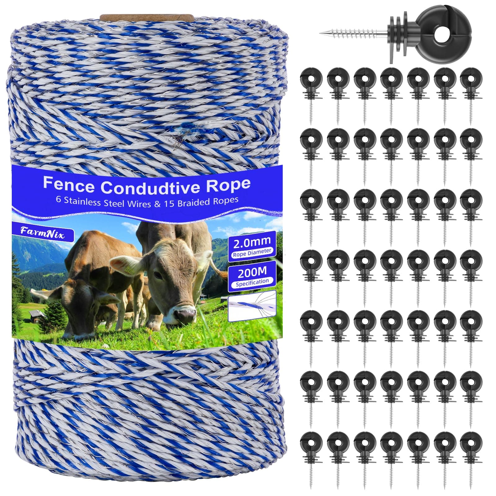 200 m Cordon pour clôture électrique conducteur, avec Support Universel, 50Pcs isolateur annulaire pour clôture électrique cordes, fils et brins, Vert Fil pour clôture de pâturage