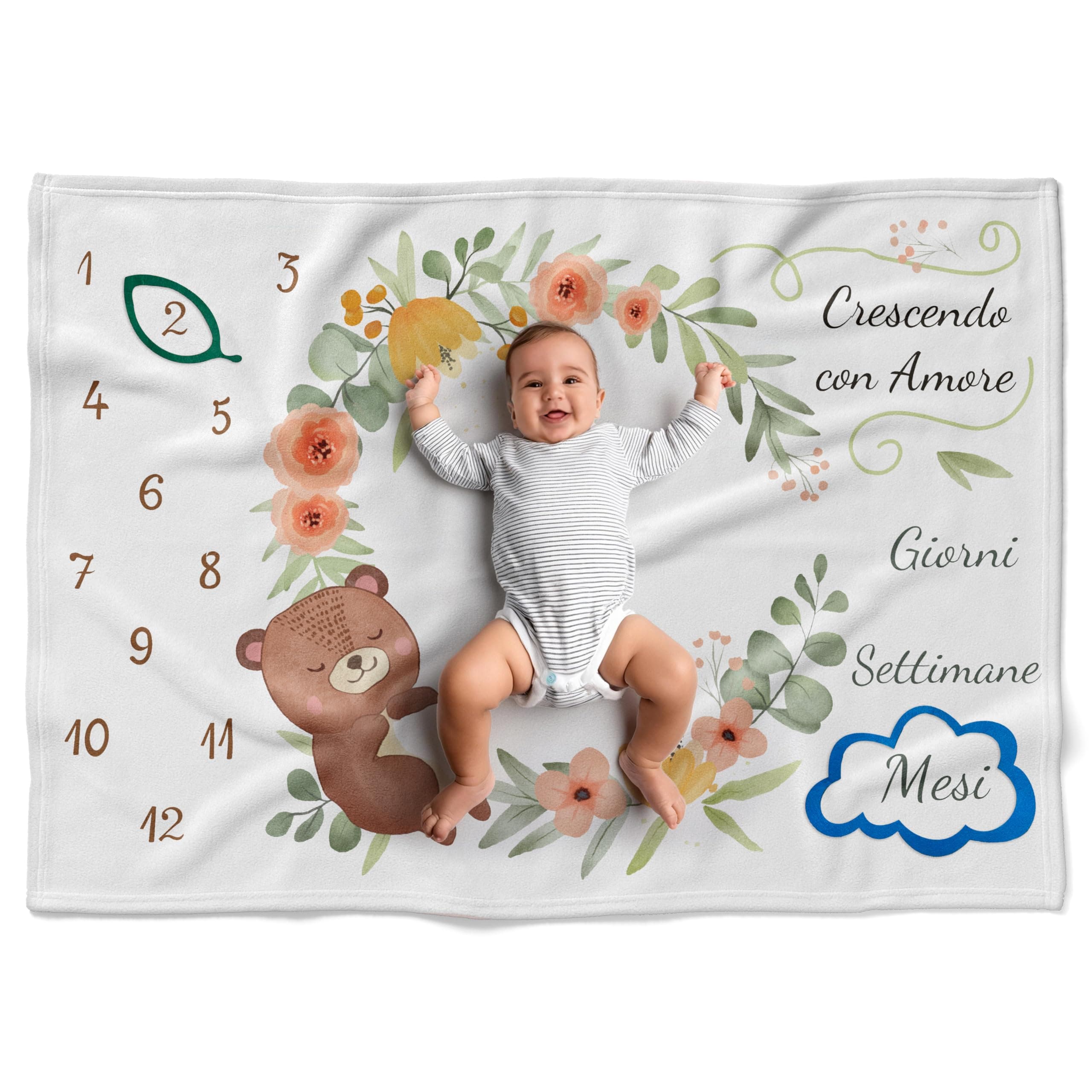 Fantalò Coperta Mesi Neonato per Foto in Italiano Unisex - Tappeto Complimese Neonata Crearicordi - Idea Regalo Nascita Bimbo Indispensabile per Neogenitori (Orsacchiotto)