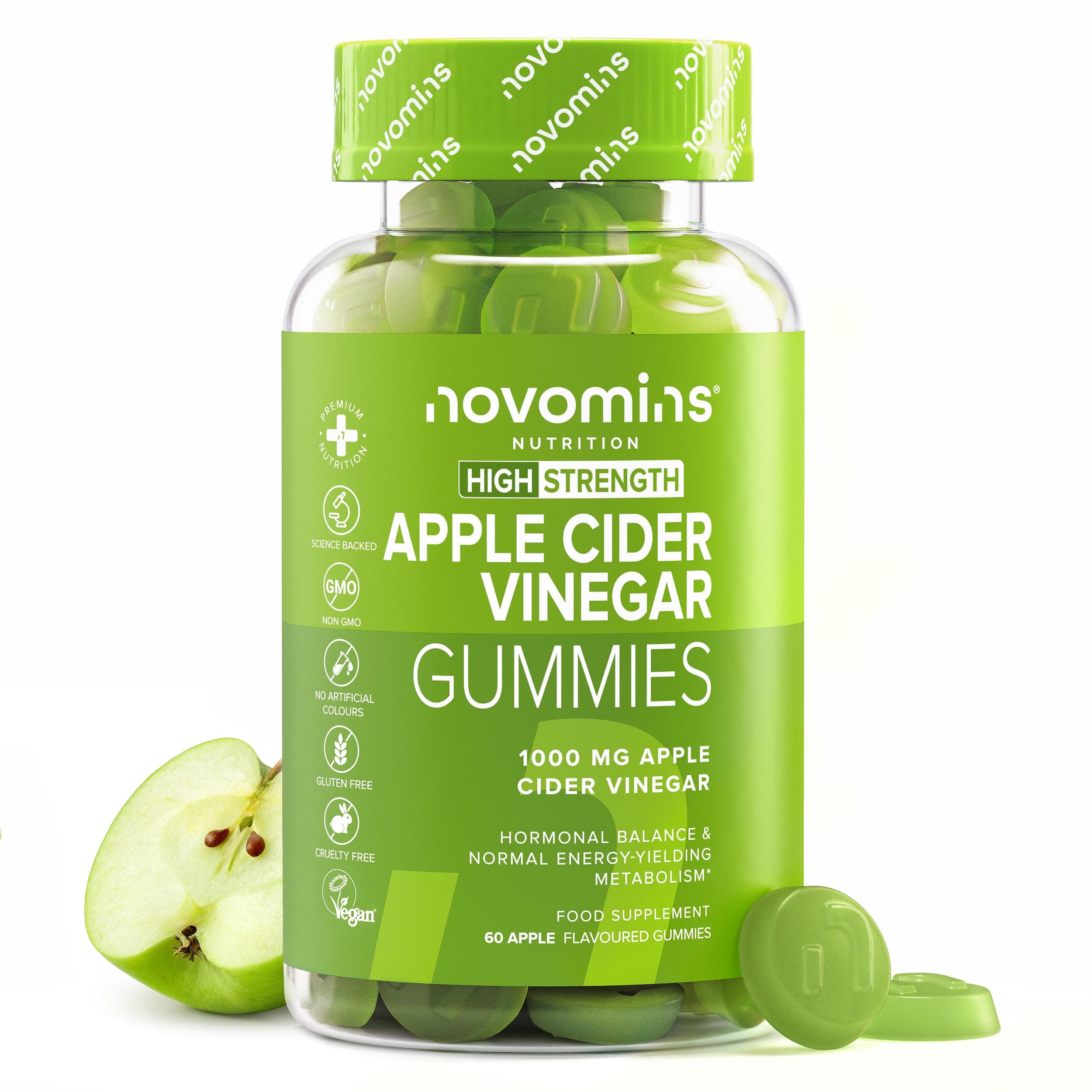 Gominolas de Vinagre de Manzana - 1000mg Vinagre de Manzana Madre con Vitamina B12, B6 y D - Sin Gluten y Veganas - Salud Intestinal y Metabolismo - Apple Cider Vinegar - Novomins