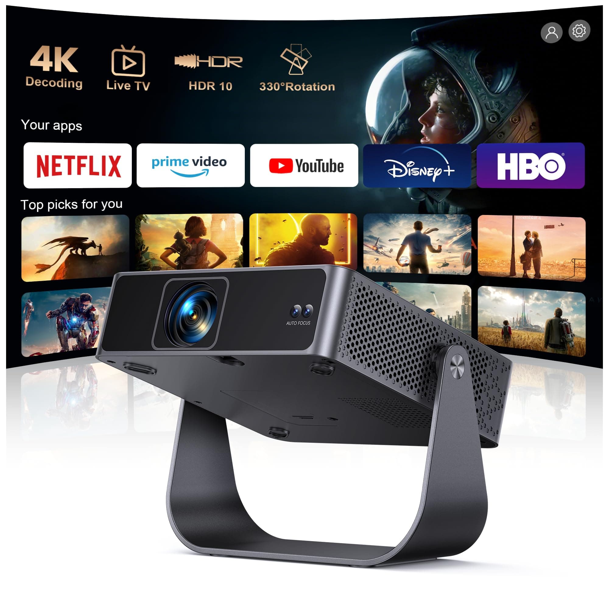 Mini Vidéoprojecteur 4K【APPS Officielles/Live TV/Rotation 330°】 Auto Focus/Keystone Projecteur Vidéo Portable 1080P, HDR10, Courte Focale Mini Rétroprojecteur 4K WiFi6 Bluetooth Home Cinéma/Extérieur