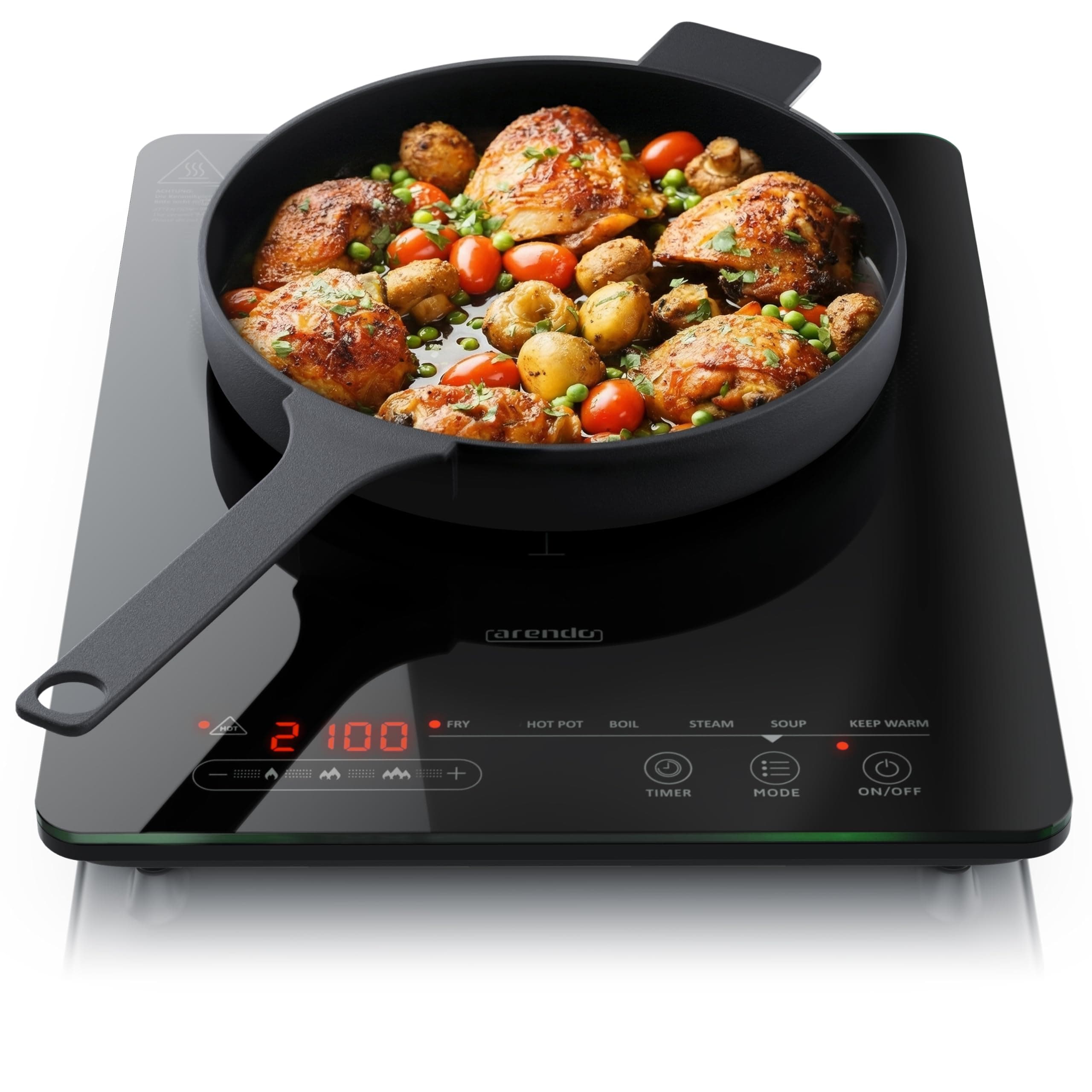 Arendo - Kochplatte Induktion 2100 Watt - Induktionskochplatte - 9 Leistungsstufen - 1 Induktionskochfeld - Sensor Touch Bedienfeld - Überhitzungsschutz - Automatische Erkennung der Topfgröße