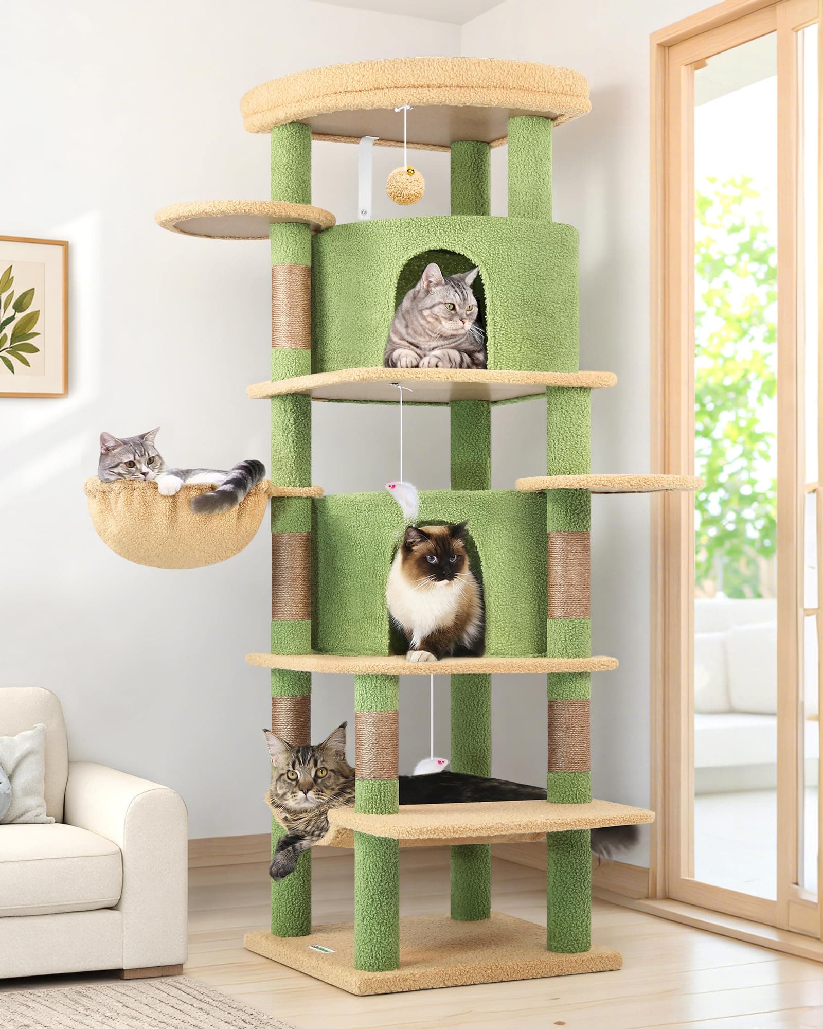 Globlazer Árbol Rascador Esquina Cactus Verde, Rascador para Gatos Rincón Alto 167 cm con 2 Curvado Nidos, Grandes Plataformas, Amplio Hamaca, Cesta, Torre Gato para 3-4 Gatos Adultos (C66, Verde)