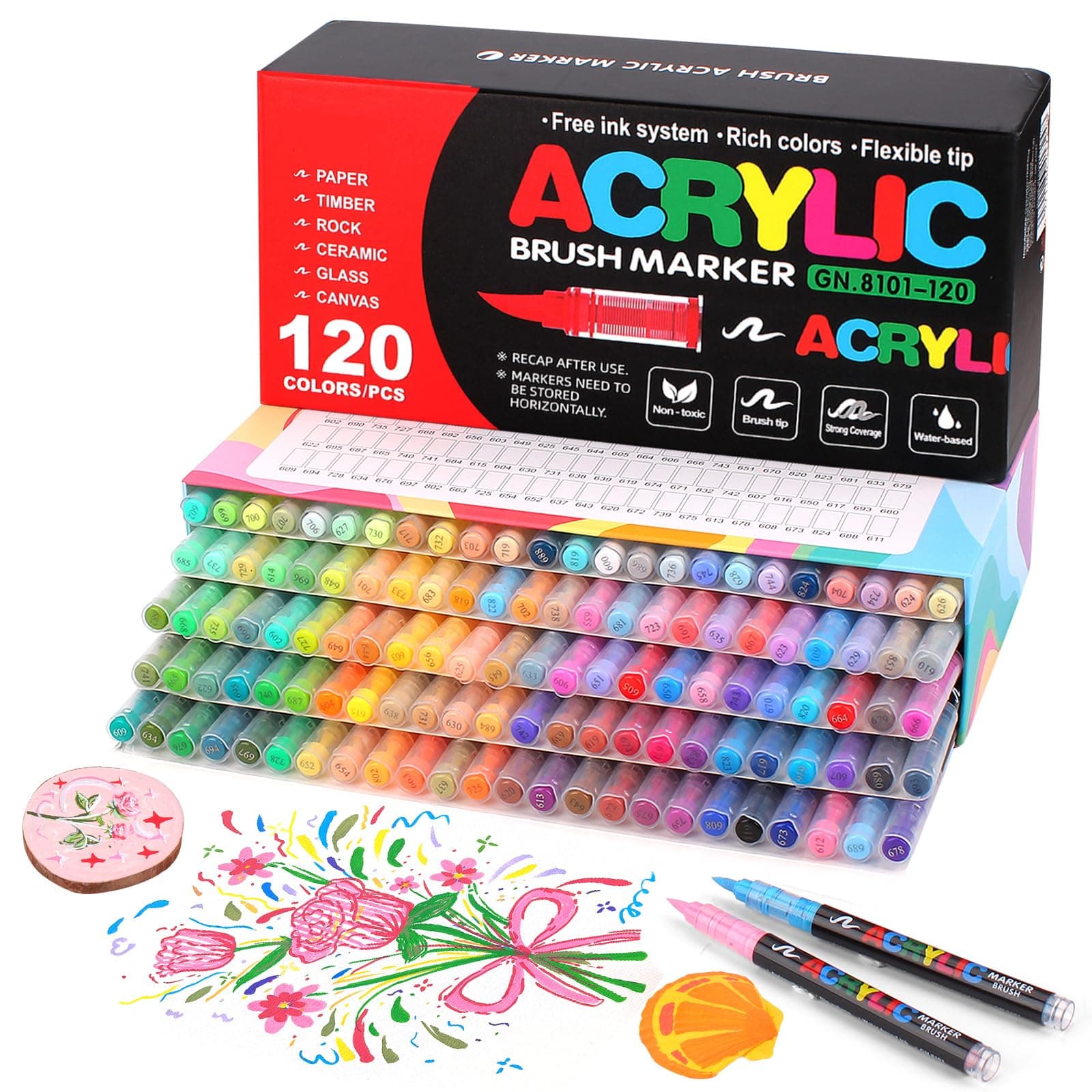 Gunsamg Lot de 120 marqueurs de peinture acrylique à base d'eau avec pointe pinceau flexible de 1 à 5 mm pour peinture sur roche, céramique, verre, pierre, métal, tissu