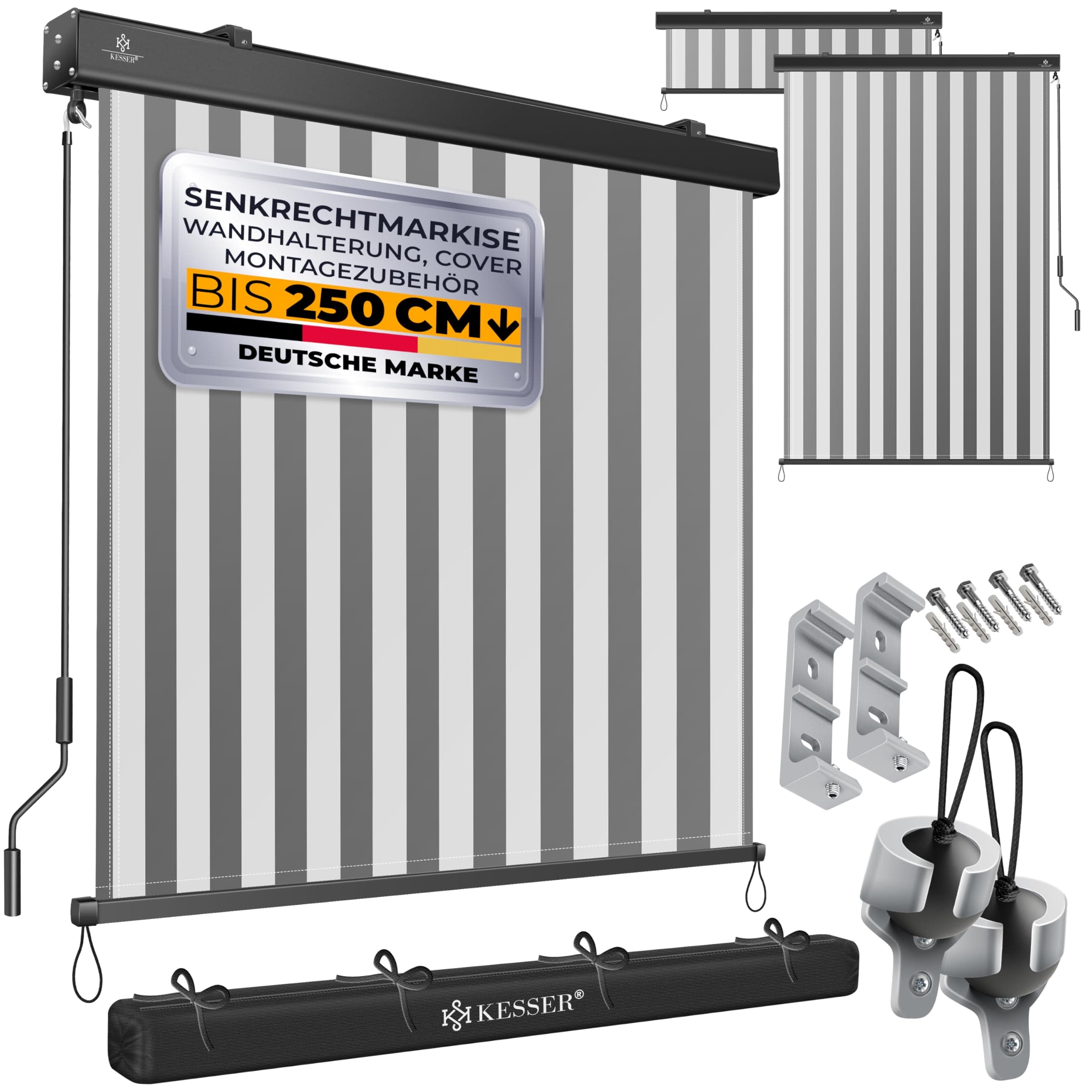 KESSER® Senkrechtmarkise 180x250cm Außenrollo Handkurbelmechanismus Balkonrollo Sonnen-und Sichtschutz Beschattung Sonnenschutz mit Kurbel Markisenkasten Balkon & Terrasse inkl Montageset & Abdeckung