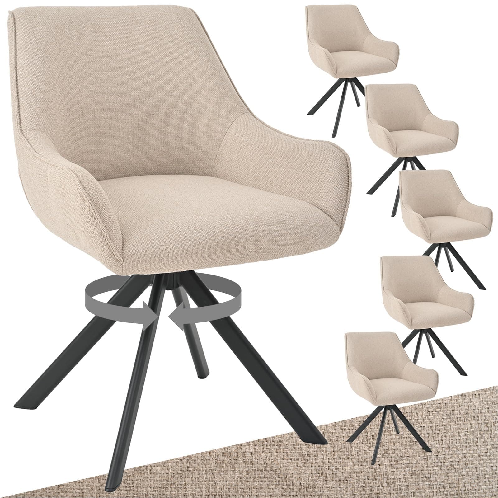 Goeurvant Chaises Pivotantes Lot de 6 – Chaises Lin avec Accoudoirs, 360° Pivotantes, Pieds Métal, Dossier Confort, pour Salle à Manger, Salon, Beige