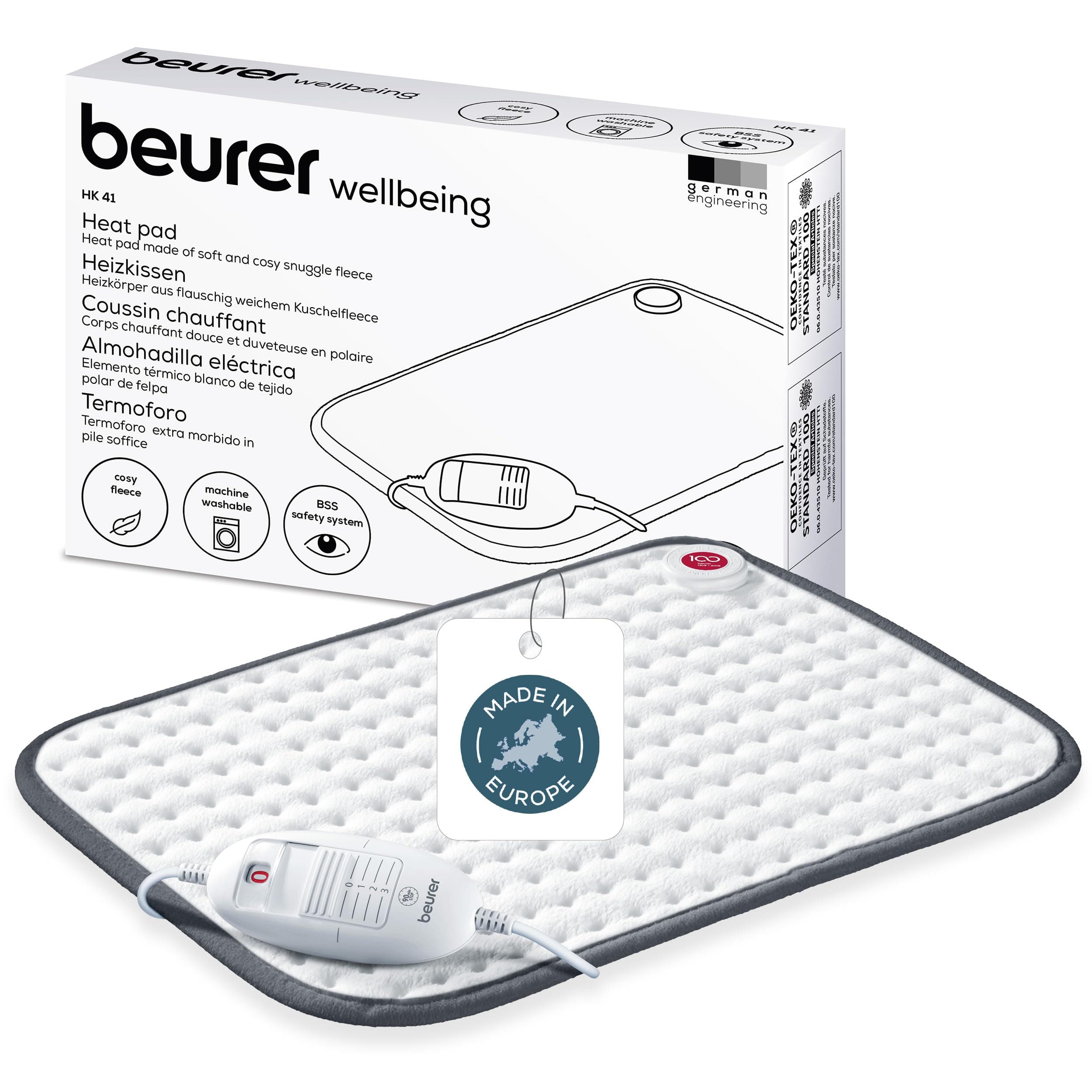 Beurer Heizkissen HK 41, kuscheliges Wärmekissen mit 3 Temperaturstufen und Abschaltautomatik, maschinenwaschbar, made in Europe, weiß / grau, 44 x 33 cm