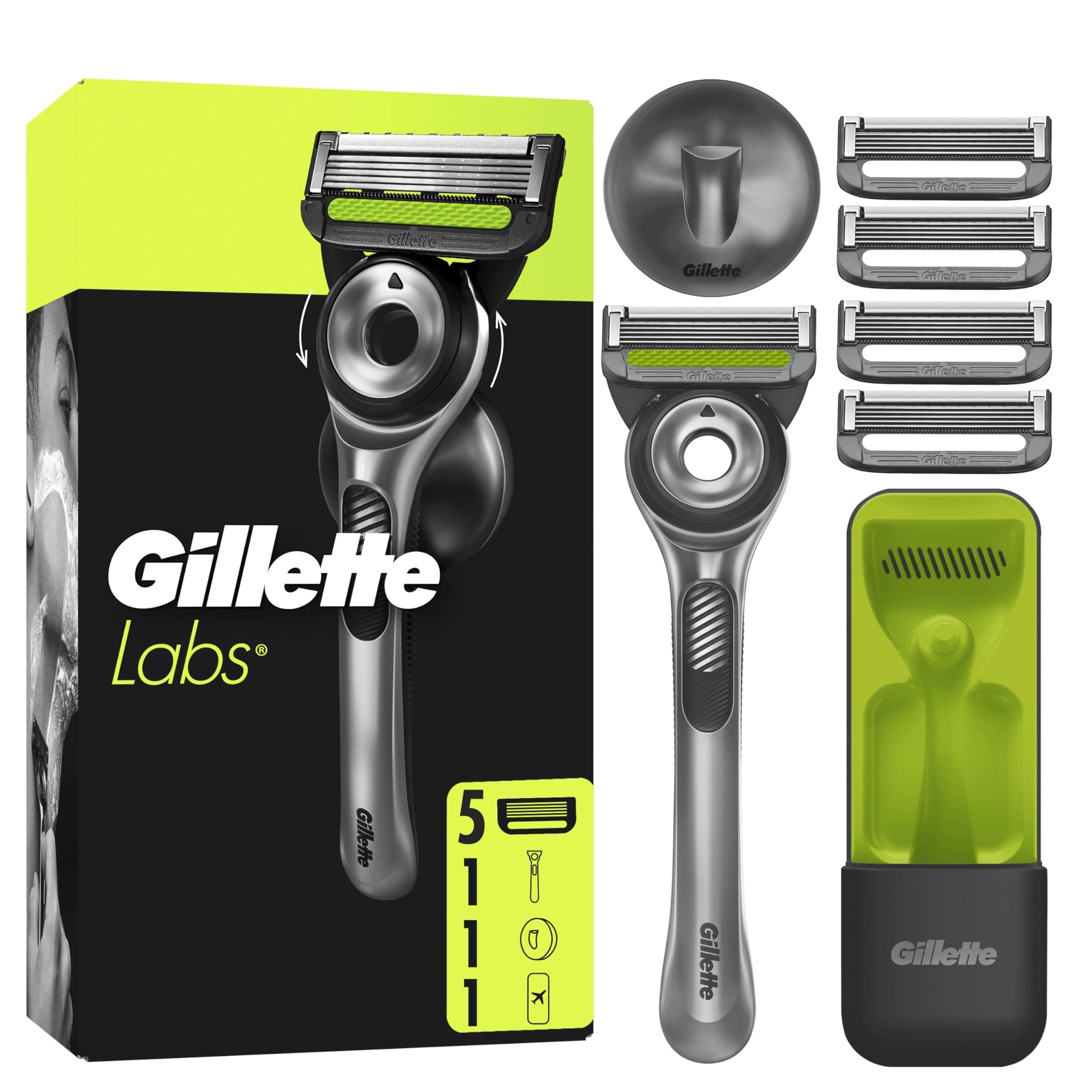 Gillette Labs Rasoir Manuel Homme, Rasage Avec Barre Exfoliante, Manche Réutilisable Et 5 Cartouches De Recharge A 5 Lames, Etui De Voyage Pour Un Rangement Pratique, Support Mural Magnétique