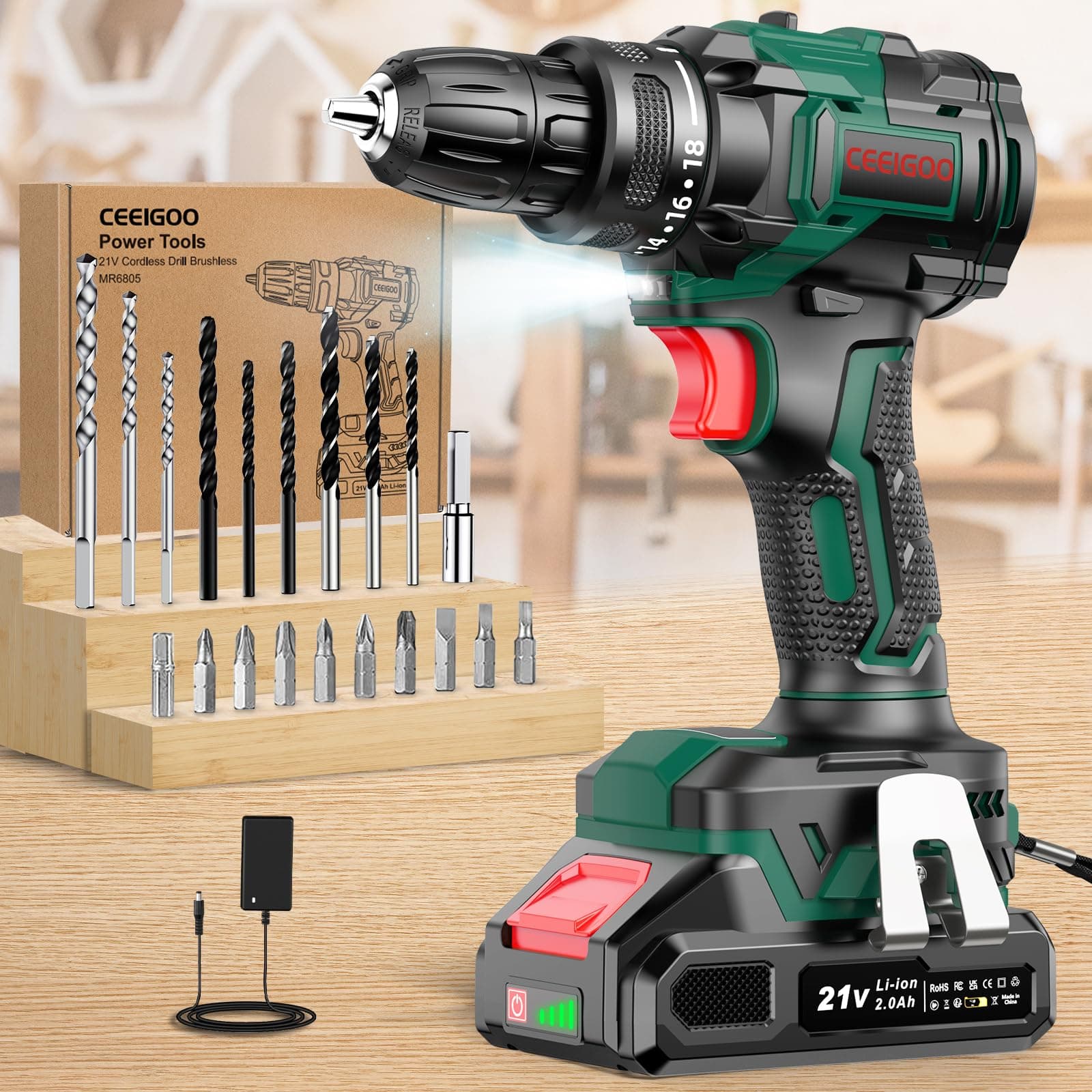 Trapano Avvitatore Batteria Brushless 21V, Avvitatore a Batteria con Batterie da 2.0Ah, 42 N.m Avvitatore Elettrico, 2 Velocità, 18+1 Coppia, 22 Accessori, LED Luce per Casa Progetto