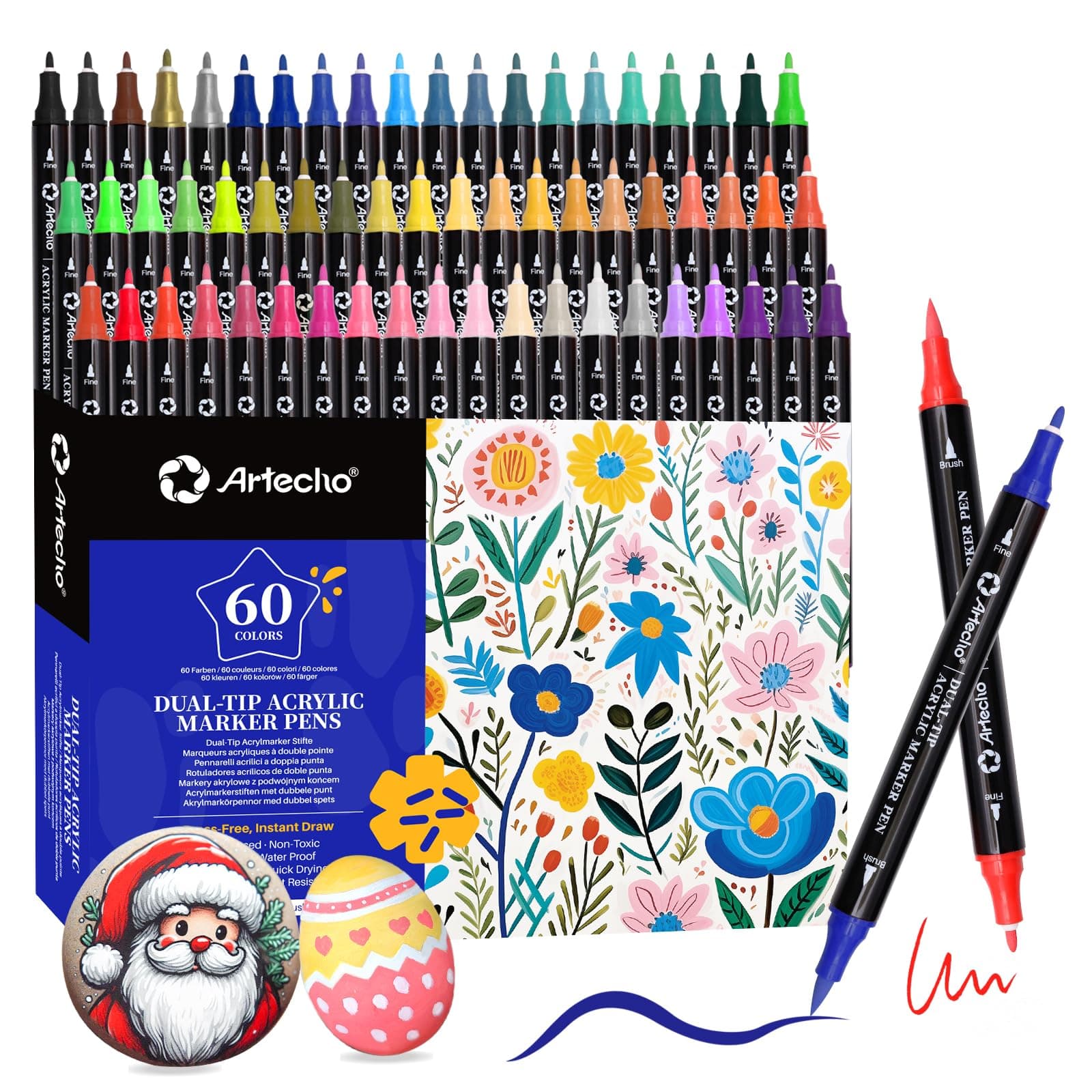 Artecho Lápices acrílicos de 60 colores, 0,5 – 5 mm, resistente al agua, doble punta (pincel y punta fina), con extremos dobles para pintura de roca, papel, madera, huevo, lienzo