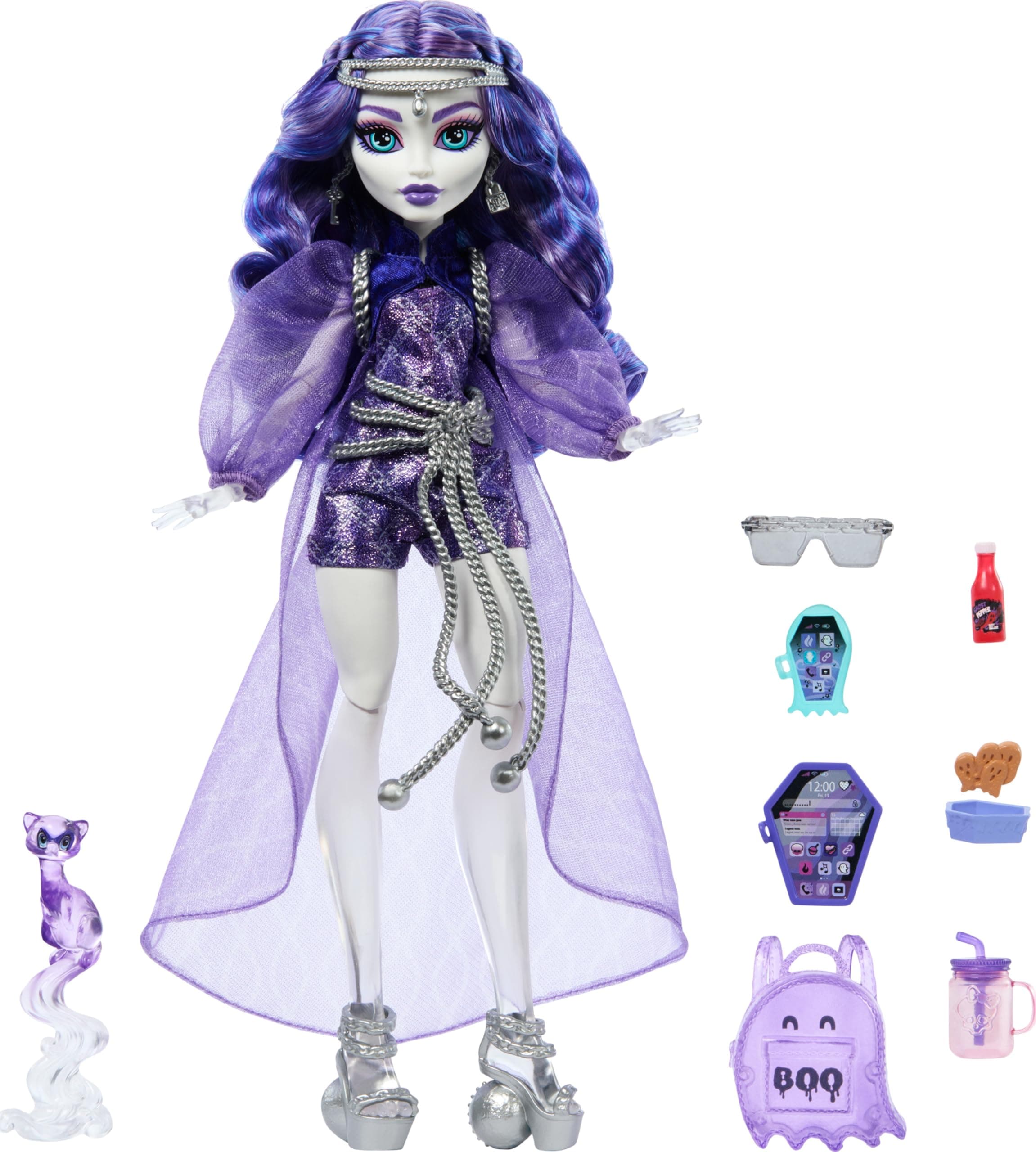 Monster High Spectra Vondergeist Puppe mit Frettchen Rhuen und Zubehörteilen wie Rucksack, Tablet, Snacks und mehr, HXH77