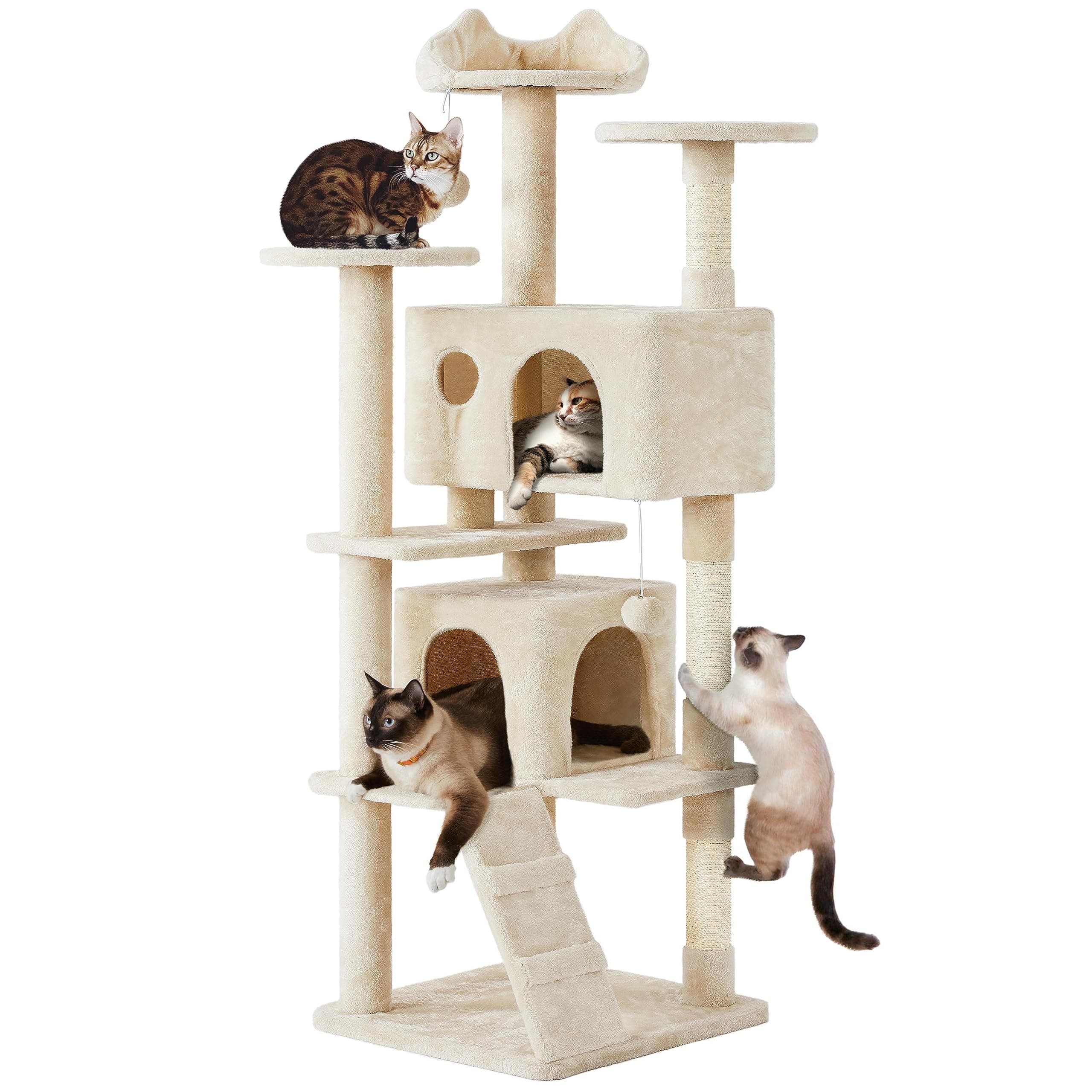 Yaheetech Árbol Rascador para Gatos Altura 178 cm Torre para Gato Multinivel con 3 Plataformas 2 Cueva para 3-4 Gatos Beige