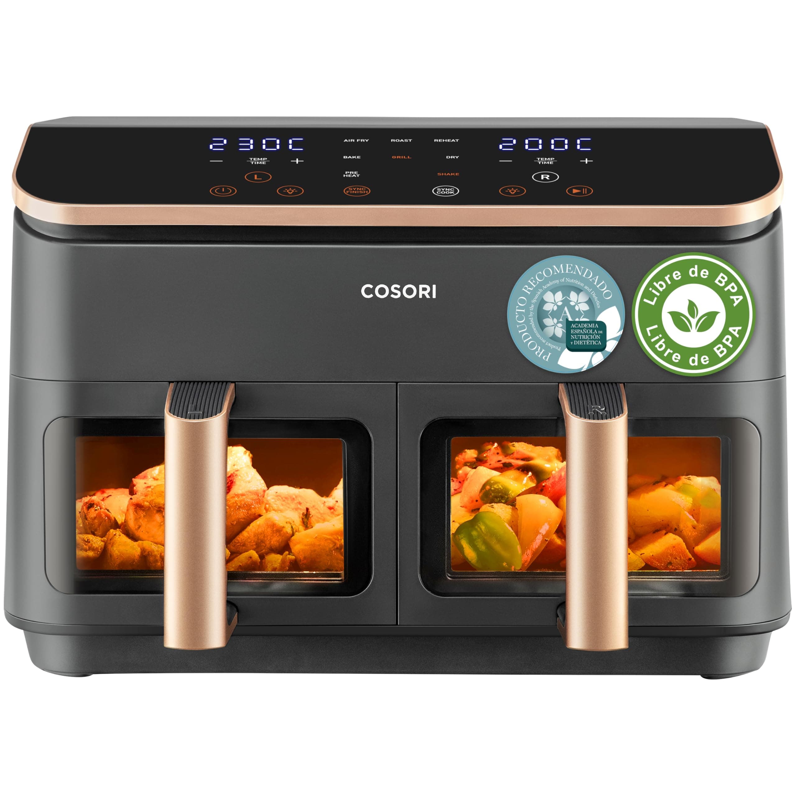 Cosori Grande Freidora de Aire-True Metal-8,5 Litro Doble Cesta Air Fryer-Alta Potencia y 55 % Eficiencia Energética-Temperadura Dual（35-230℃）-10 Modos-Panel Táctil Multifunción-Máx 10 Personas