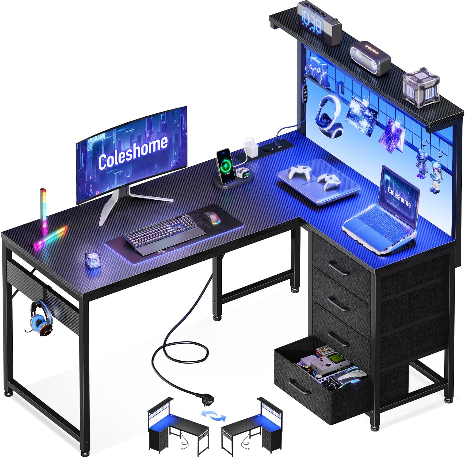 Coleshome Escritorio Gaming en L con 4 Cajones, 110×80 cm Escritorio Gamer con LED y Enchufes, Escritorio Esquinero Mesa Gaming con Estanteria para Juegos Oficina en Casa, Fibra de Carbono Negra