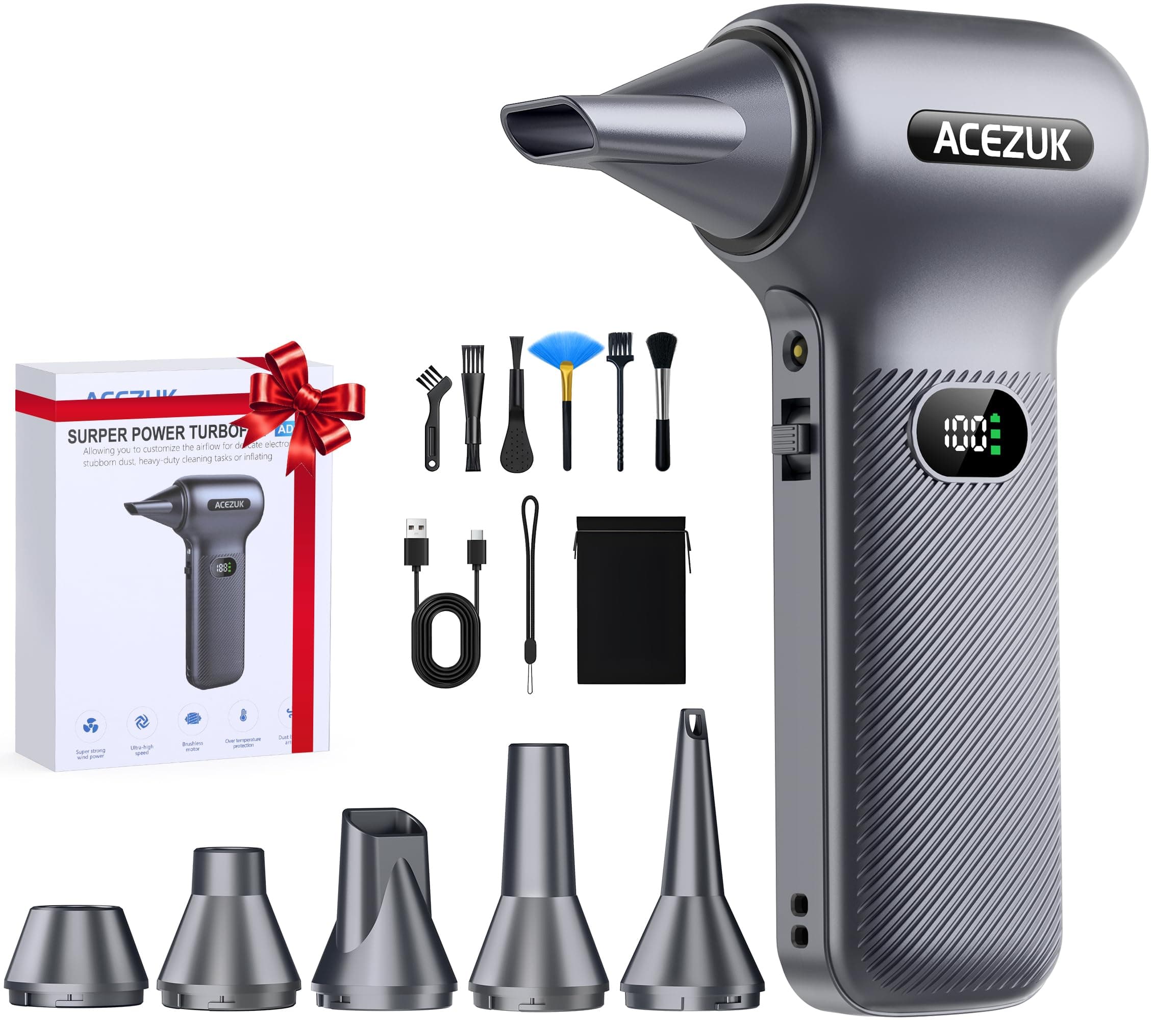 Soplador de Polvo Eléctrico 350000RPM,Velocidad variable (0-100 niveles) Aire Comprimido Limpieza PC con Batteria 12000mAh, Soplador Aire Comprimido para Laptop, Teclado, Coche