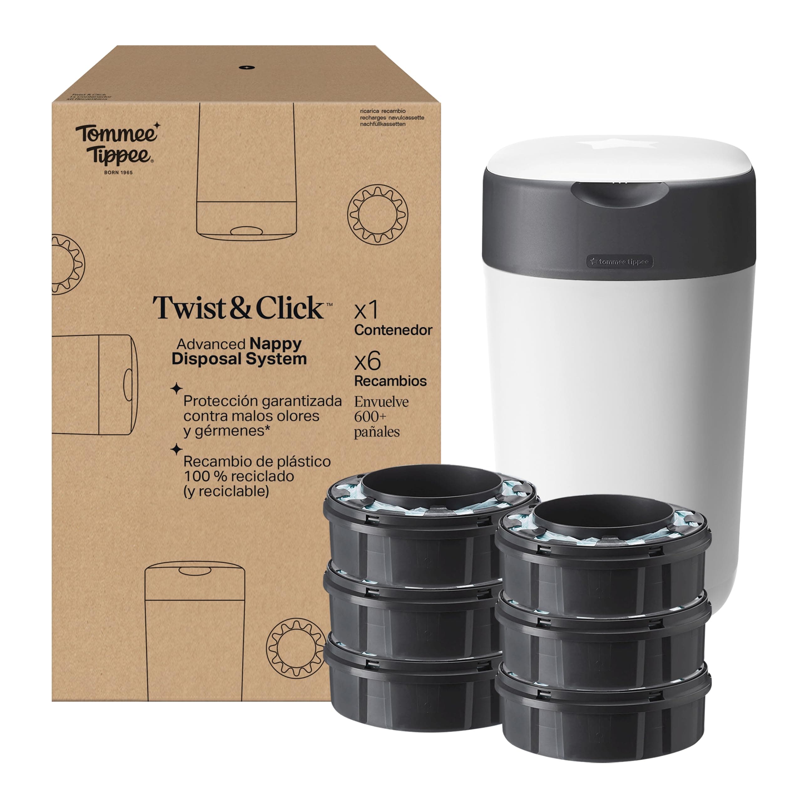 Tommee Tippee Contenedor para Pañales Avanzado Twist and Click, Nuevo Sistema Ecológico, Incluye 6 Recambios con Película GREENFILM, Blanco