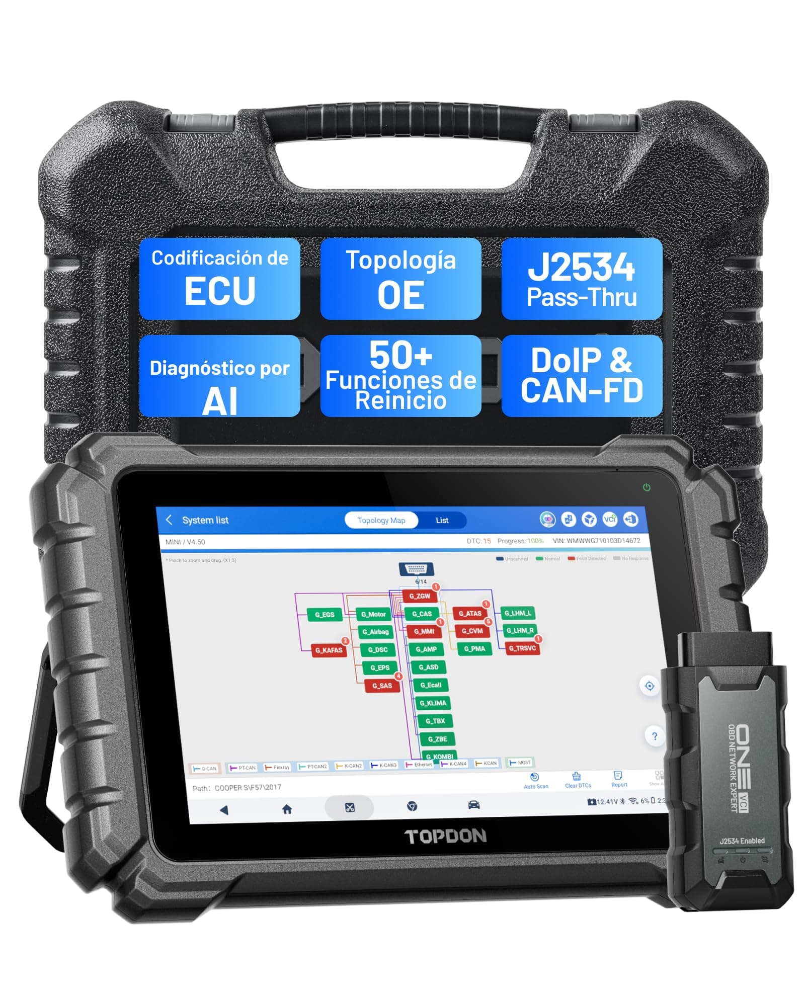 TOPDON ONE 10.1" Bidireccional OBD2 Diagnosis, Passthru J2534, Codificación ECU y Más de 50 Servicios, Diagnosis Coche multimarca de Sistema Completo con TopFix AI, Topología OE, Acceso FCA/Renault/VA