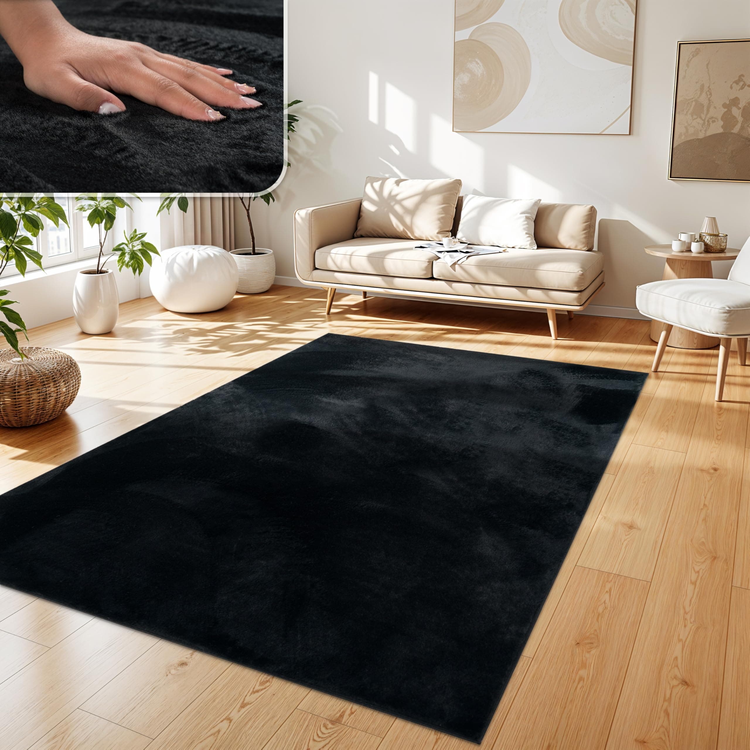 Paco Home Teppich Wohnzimmer Kunstfell weich waschbar modern elegant pflegeleicht Felloptik Uni Seidenglanz flauschig Hochflor, Grösse:160x220 cm, Farbe:Schwarz