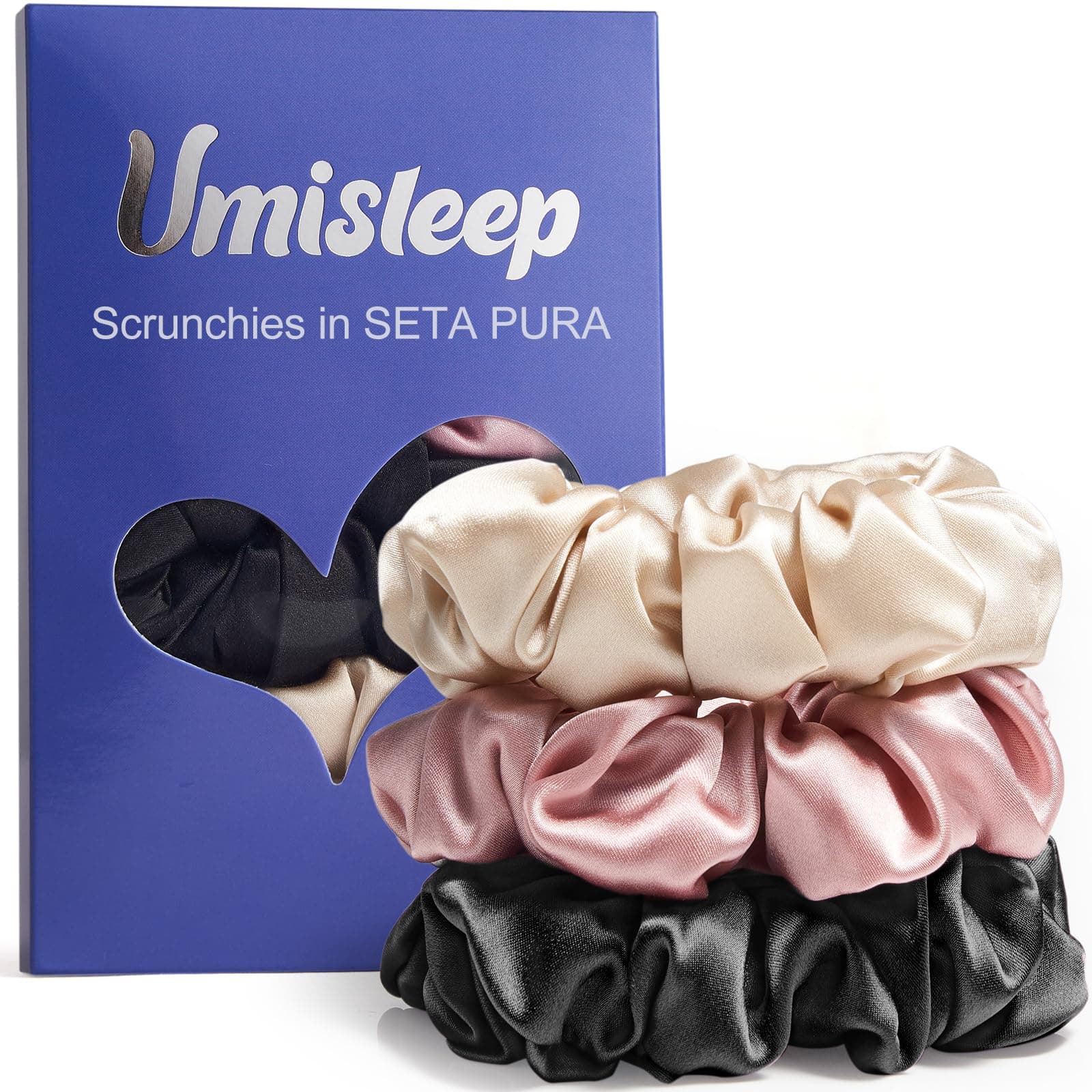 Umisleep Set di 3 scrunchies in seta al 100% per donne, morbidi elastici per capelli per meno crespi e rottura, elastici per capelli senza impronte (rosa+nero+champagne)