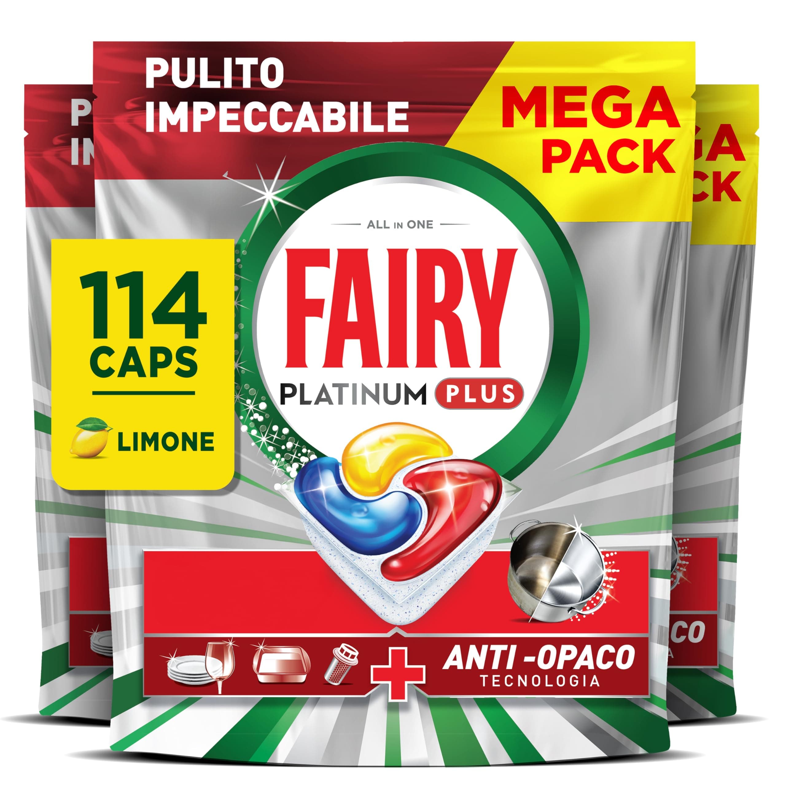 Fairy Platinum Plus Pastiglie Lavastoviglie, 114 Capsule, Limone Complete, Detersivo Con Tecnologia Anti-Opaco, Contro Grasso e Incrostazioni Ostinate Anche nei Cicli Brevi